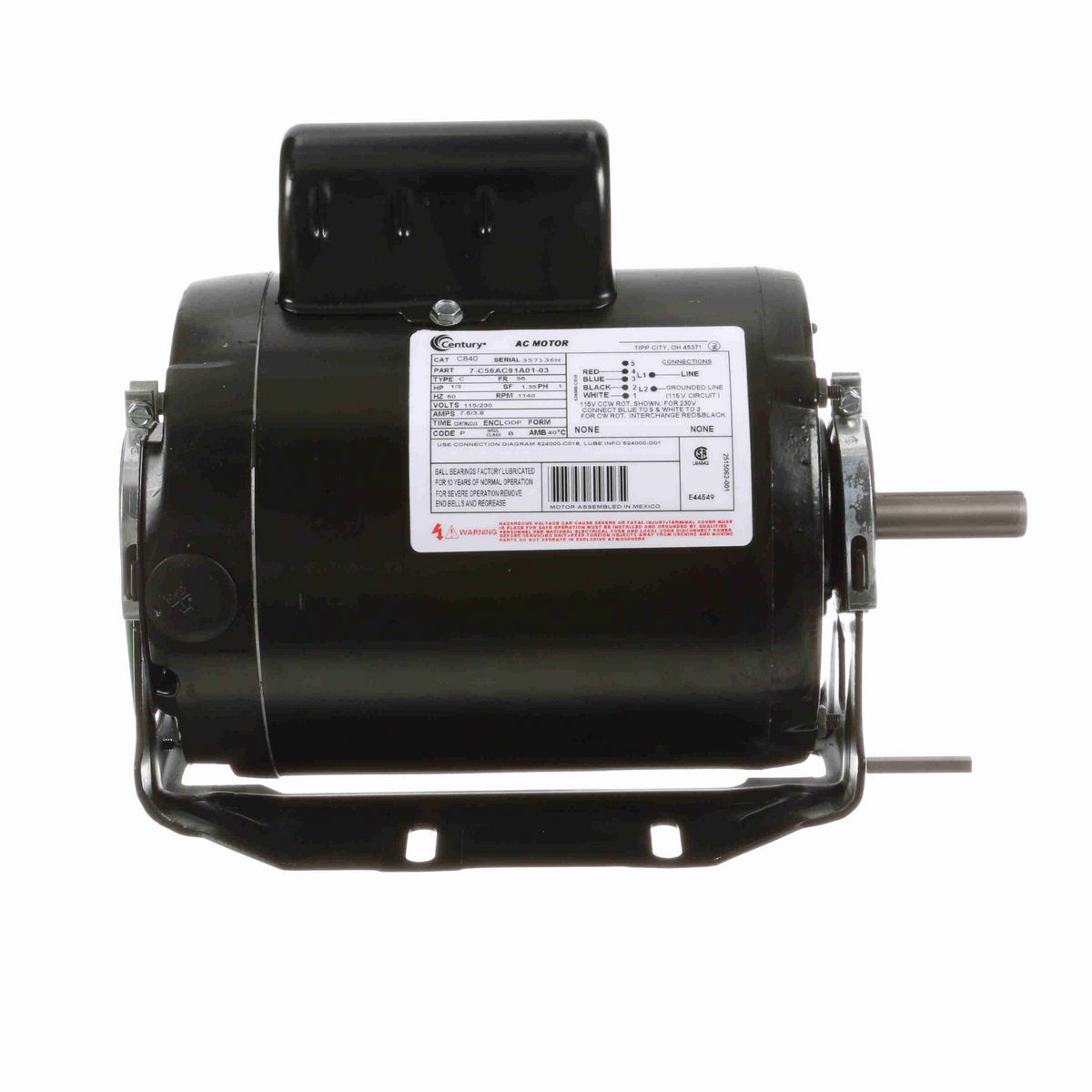 Century General Purpose Motor, 1/3 HP, 1 Ph, 60 Hz, 115/230 V, 1200 RPM, 56 Frame, ODP - C840