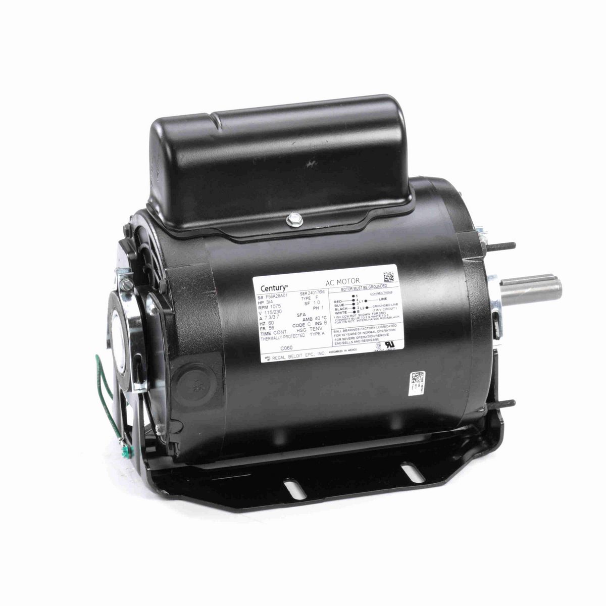 Century Fan and Blower Motor, 3/4 HP, 1 Ph, 60 Hz, 115/230 V, 1200 RPM, 56 Frame, TENV - C060