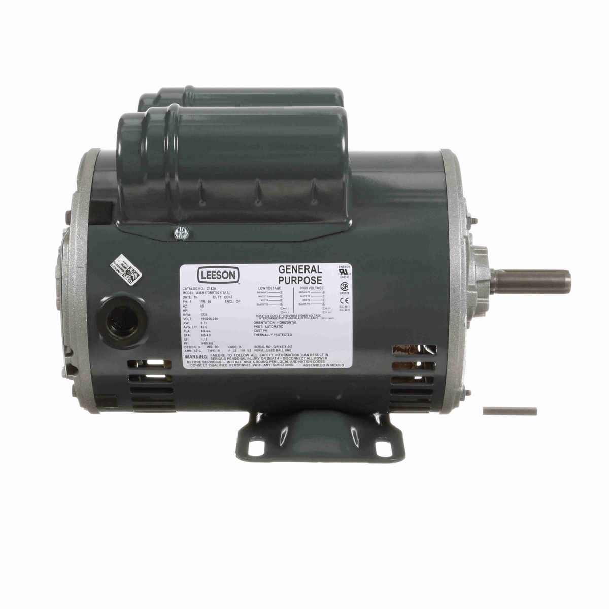 LEESON General Purpose Motor, 1 HP, 1 Ph, 60 Hz, 115/208-230 V, 1800 RPM, 56 Frame, DP - C182A