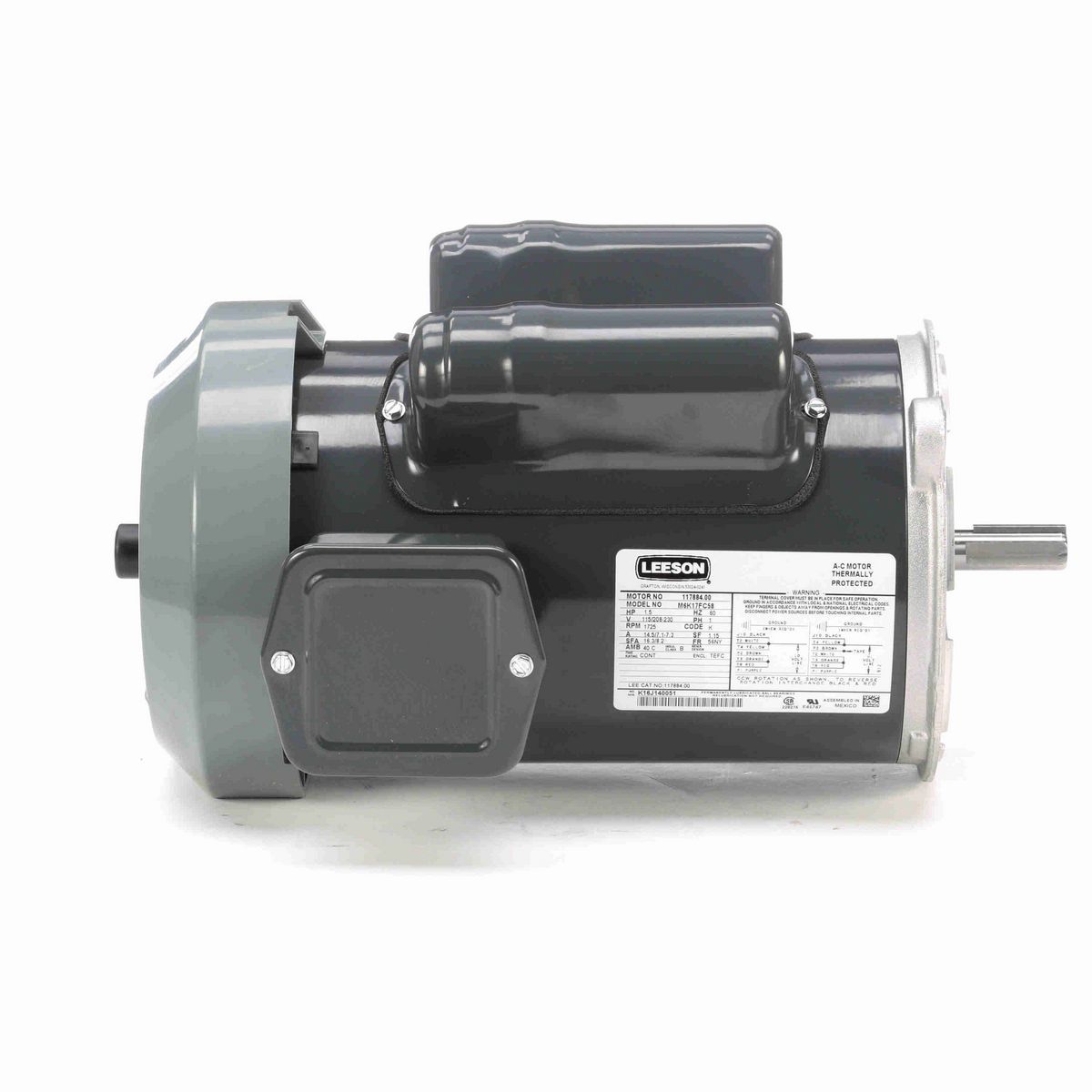 LEESON Auger Drive Motor, 1.50 HP, 1 Ph, 60 Hz, 115/208-230 V, 1800 RPM, 56NY Frame, TEFC - 117884.00