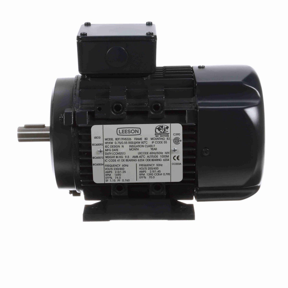 LEESON Aluminium Motor, 0.75 & 0.75 HP, 3 Ph, 60 & 50 Hz, 230/460 & 200/400 V, 1800 & 1500 RPM, 80 Frame, TEFC - R310
