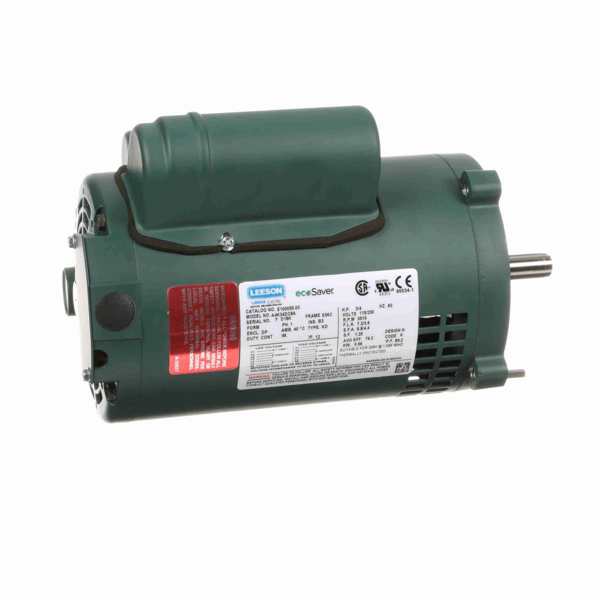 LEESON ecoSaver™ General Purpose Motor, 0.75 HP, 1 Ph, 60 Hz, 115/230 V, 3600 RPM, S56C Frame, DP - E100055.00