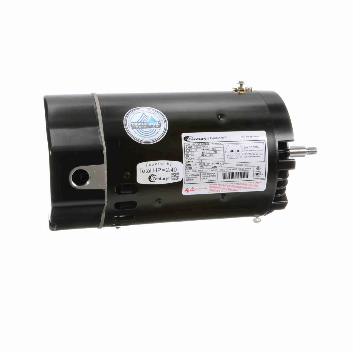 Century Pool Pump Motor, 2.4 HP, 1 Ph, 60 Hz, 230 V, 3600 RPM, 56J Frame, DP - HBC240