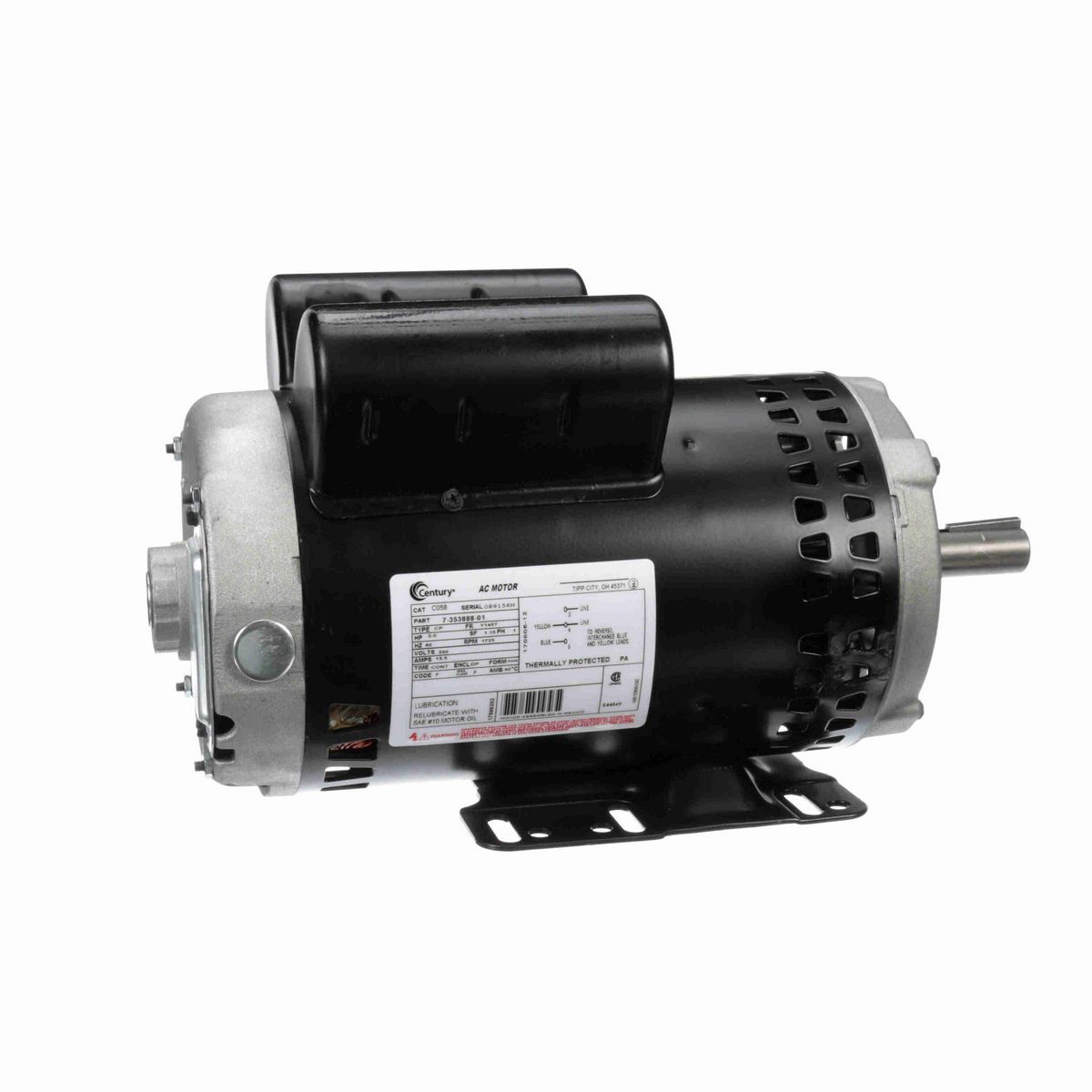 Century General Purpose Motor, 3.0 HP, 1 Ph, 60 Hz, 230 V, 1800 RPM, Y145T Frame, DP - C058