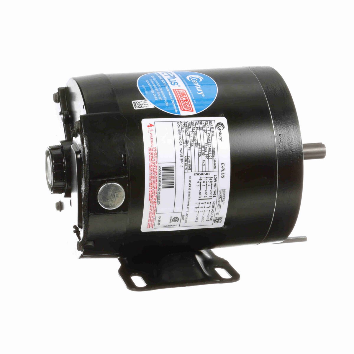 Century E-PLUS ® Speed Ratio Motor, 1/4 HP, 3 Ph, 60 Hz, 208-230/460 V, 1800 RPM, 56C Frame, TENV - E183L
