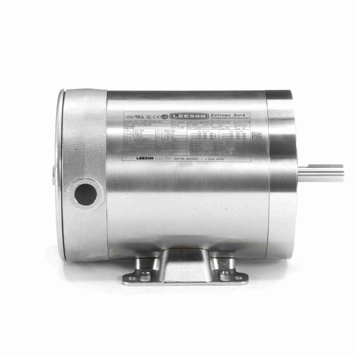LEESON Extreme Duck® Ultra General Purpose Motor, 1 & 0.75 HP, 3 Ph, 60 & 50 Hz, 230/460 & 190/380 V, 3600 & 3000 RPM, 56C Frame, TENV - 117122.00