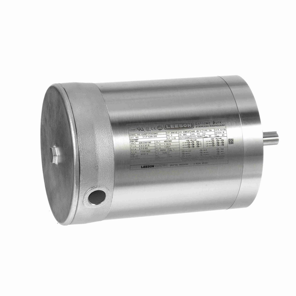 LEESON Extreme Duck® Ultra General Purpose Motor, 0.75 & 0.50 HP, 3 Ph, 60 & 50 Hz, 230/460 & 190/380 V, 1800 & 1500 RPM, 56C Frame, TENV - 117129.00