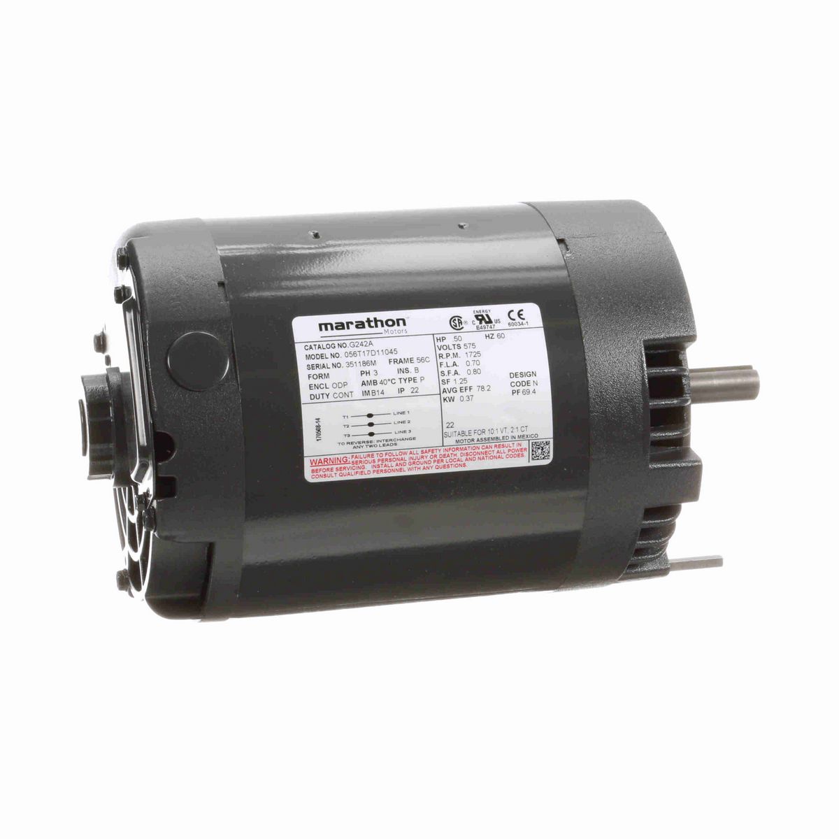 LEESON General Purpose Motor, 0.50 HP, 3 Ph, 60 Hz, 575 V, 1800 RPM, 56C Frame, DP - G242A