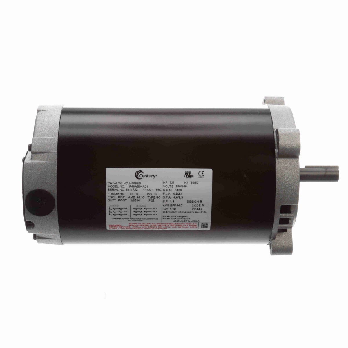 Century General Purpose Pump Motor, 1.50 HP, 3 Ph, 60/50 Hz, 230/460 V, 3600 RPM, 56C Frame, ODP - H609ES