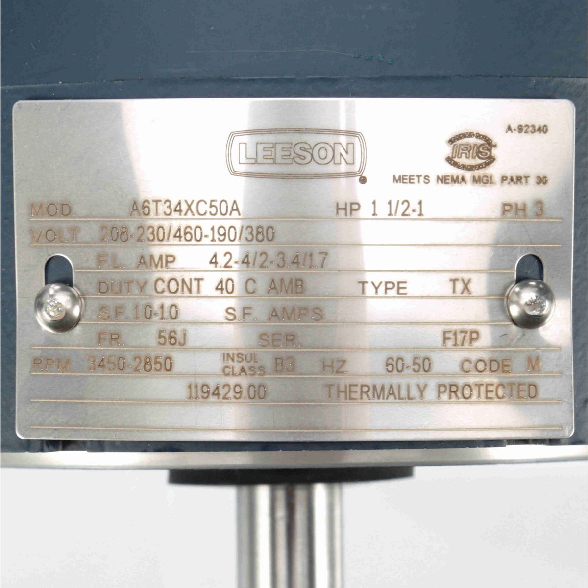 LEESON Explosion Proof Motor, 1.50 & 1 HP, 3 Ph, 60 & 50 Hz, 208-230/460 & 190/380 V, 3600 & 3000 RPM, 56J Frame, EPFC - 119429.00