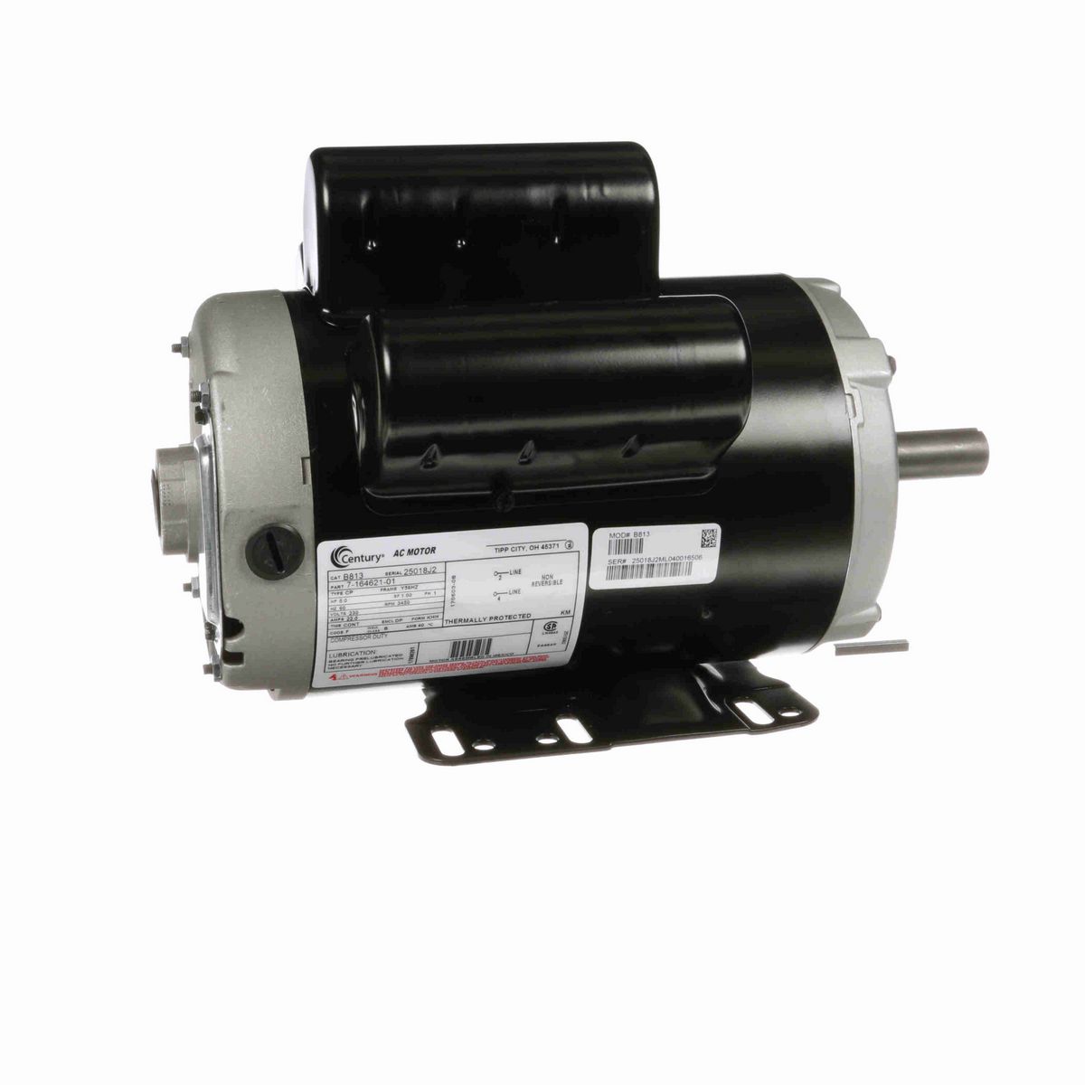 Century Air Compressor Motor, 5.0 HP, 1 Ph, 60 Hz, 230 V, 3600 RPM, Y56HZ Frame, DP - B813