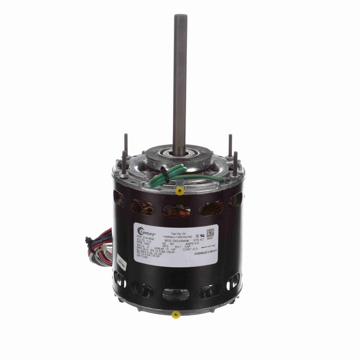 Century Fan and Blower Motor, 1/5-1/6-1/8 HP, 1 Ph, 60 Hz, 115 V, 1050 RPM, 3 Speed, 42 Frame, OAO - 9695