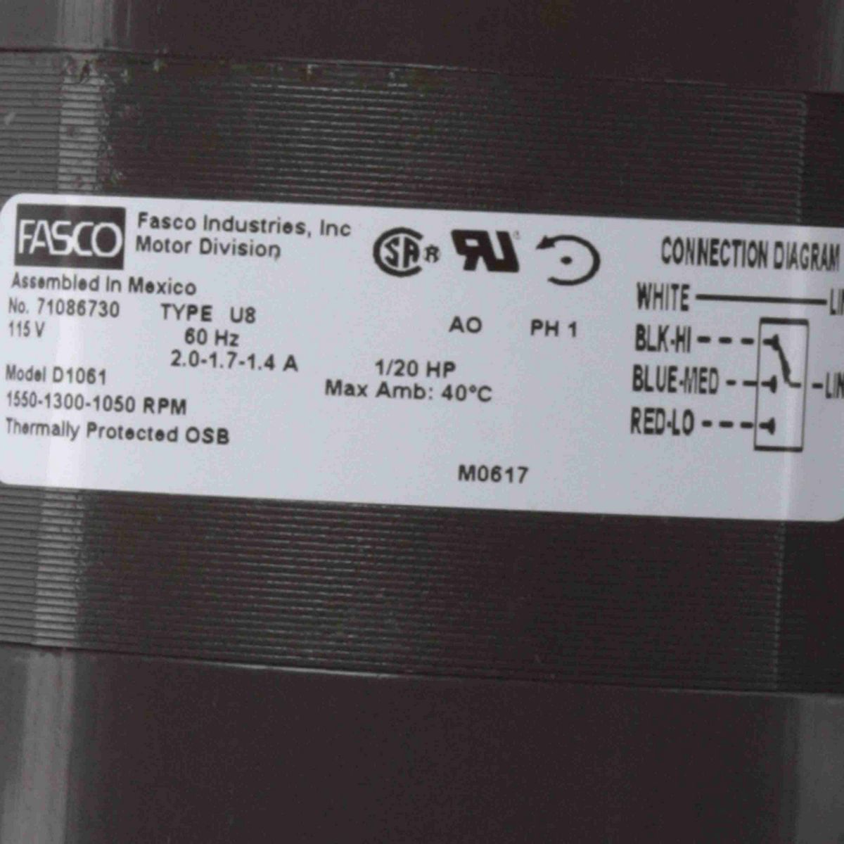 FASCO OEM Replacement Motor, 1/20 HP, 1 Ph, 60 Hz, 115 V, 1550-1300-1050 RPM, 3 Speed, 4.4" Diameter, OAO - D1061