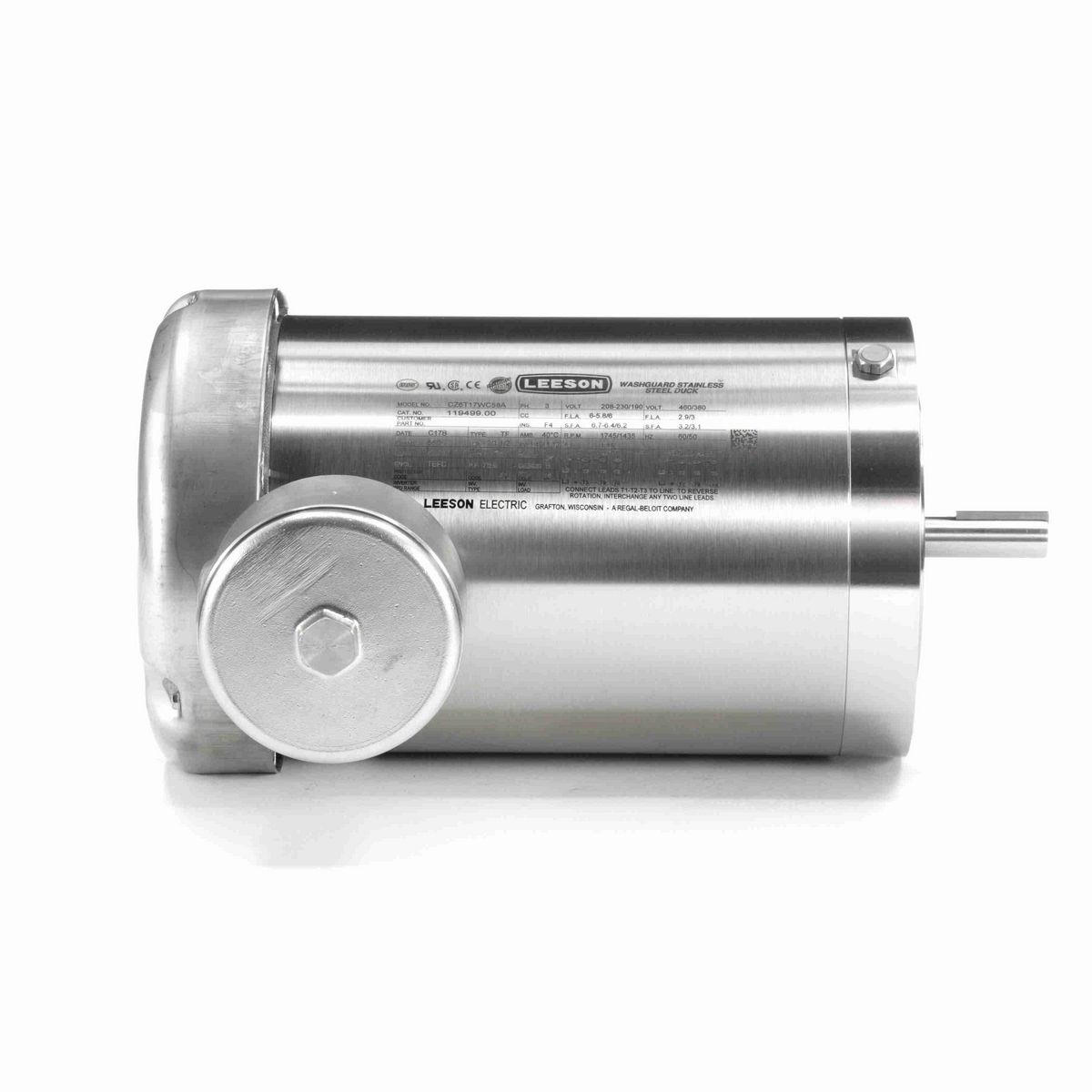 LEESON Premium Duck™ General Purpose Motor, 2 & 1.50 HP, 3 Ph, 60 & 50 Hz, 230/460 & 190/380 V, 1800 & 1500 RPM, 56C Frame, TEFC - 119499.00