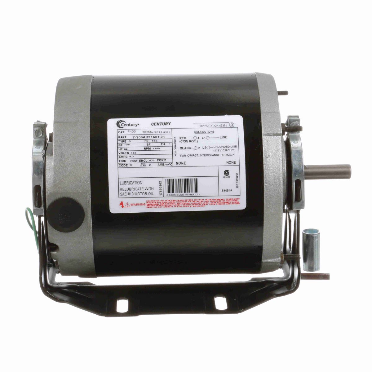 Century General Purpose Motor, 1/6 HP, 1 Ph, 60 Hz, 115 V, 1200 RPM, 56Z Frame, ODP - F403