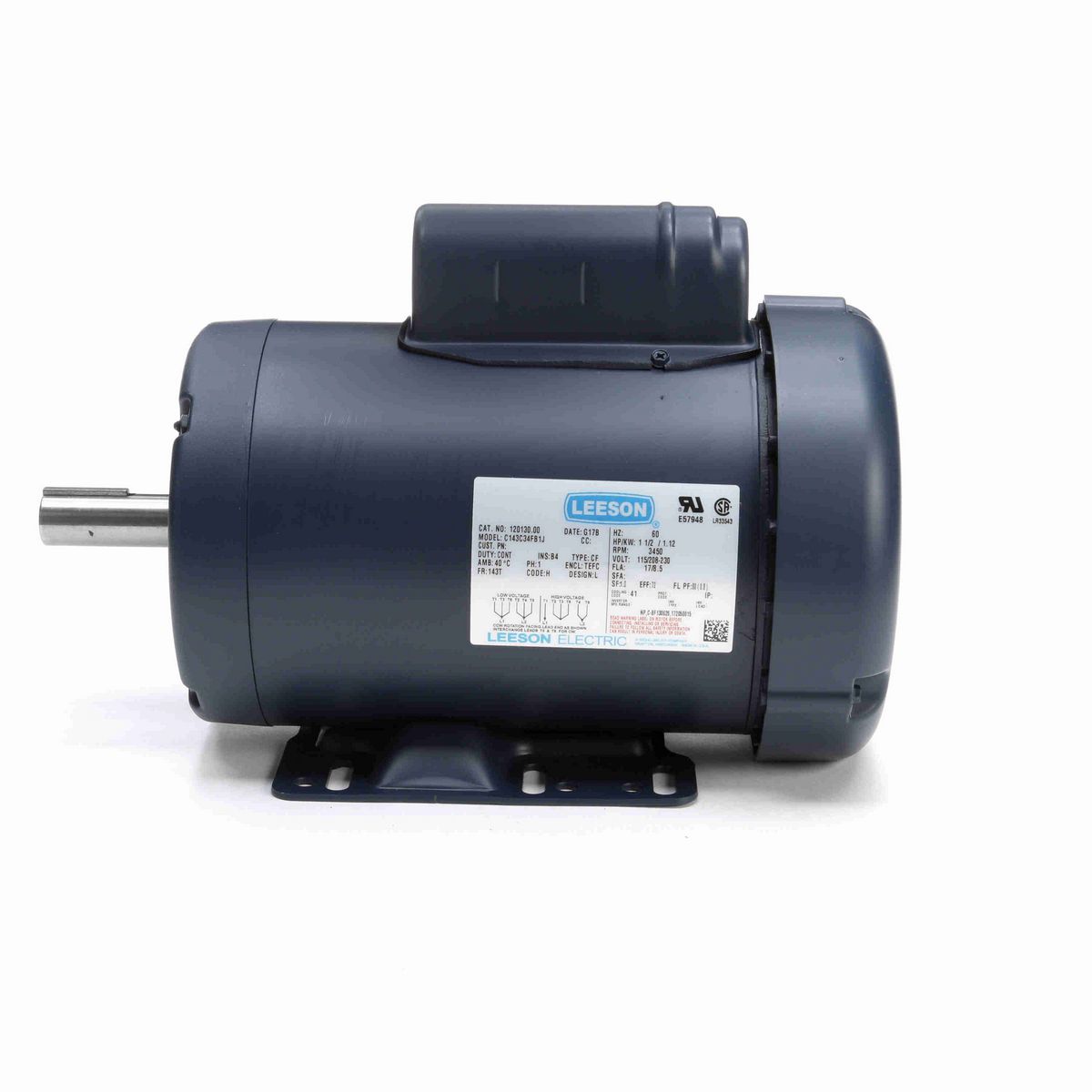 LEESON General Purpose Motor, 1.50 HP, 1 Ph, 60 Hz, 115/230 V, 3600 RPM, 143T Frame, TEFC - 120130.00
