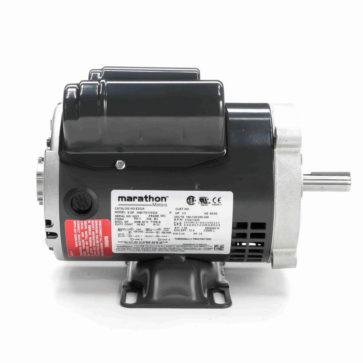 LEESON General Purpose Motor, 0.33 & 0.33 HP, 1 Ph, 60 & 50 Hz, 100-120/200-240 & 100-120/200-240 V, 1800 & 1500 RPM, 56C Frame, DP - E252A