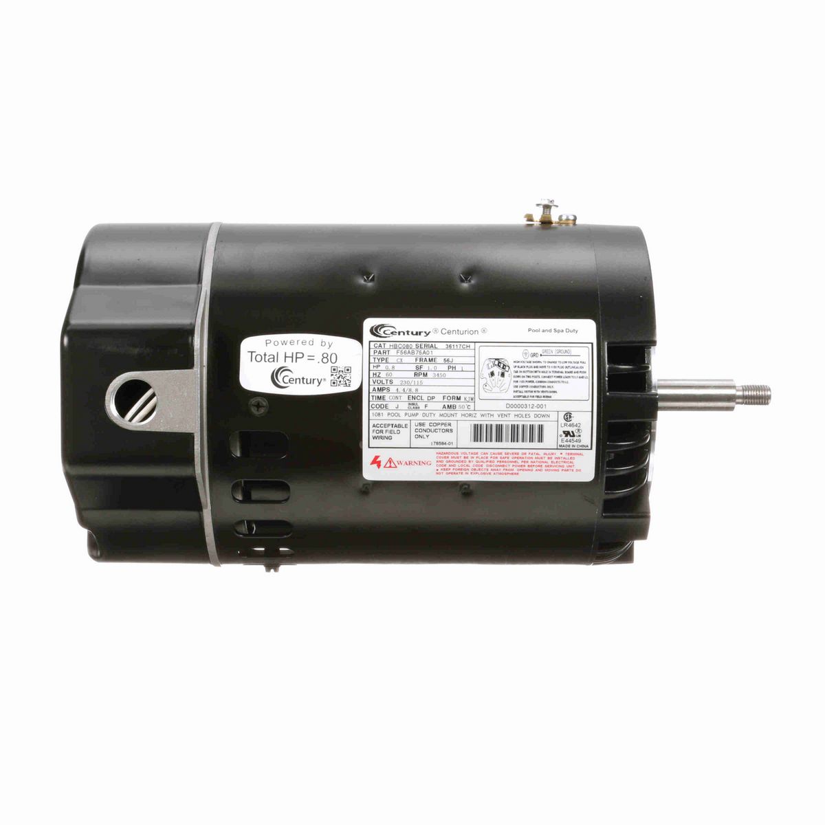Century Pool Pump Motor, 0.8 HP, 1 Ph, 60 Hz, 230/115 V, 3600 RPM, 56J Frame, DP - HBC080