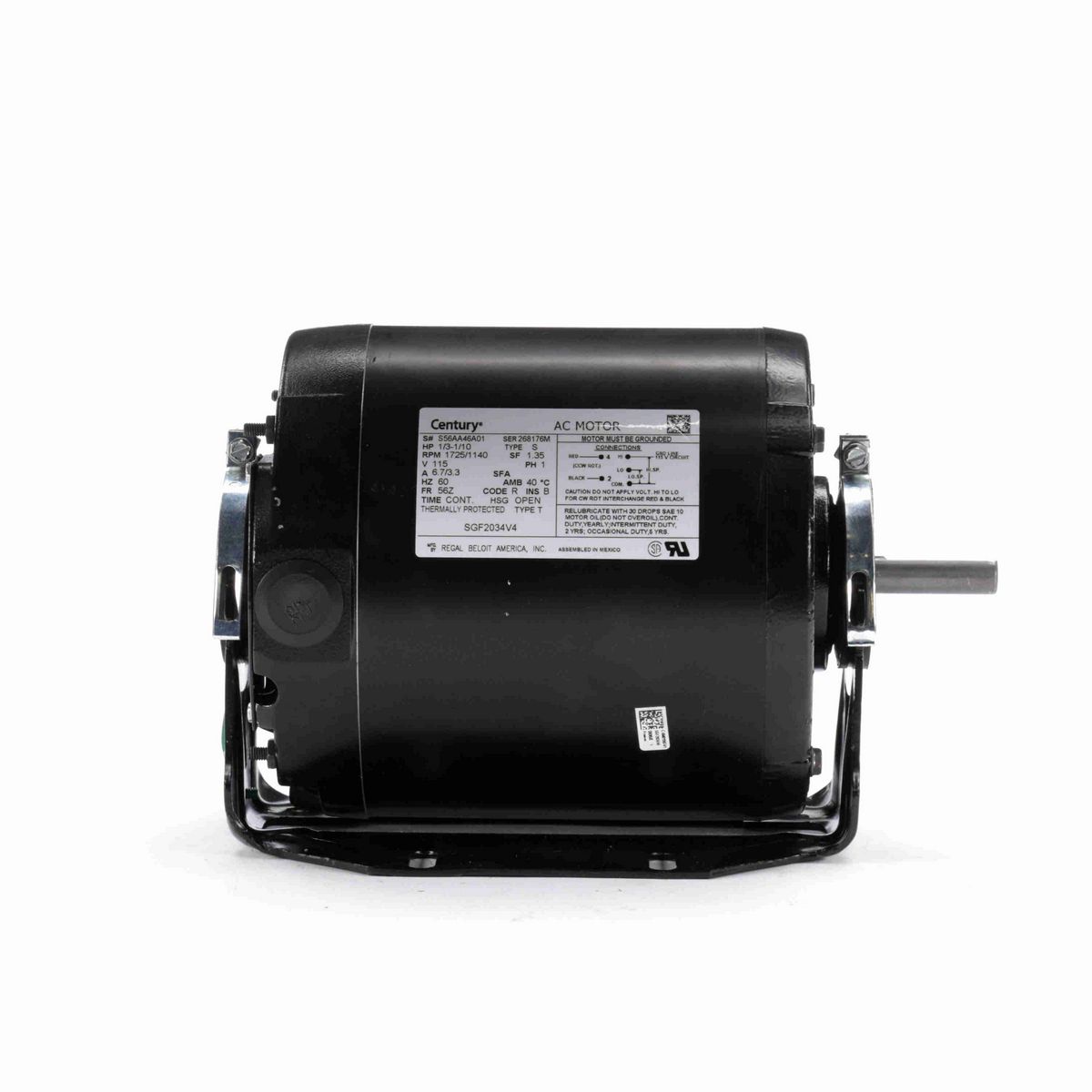 Century Fan and Blower Motor, 1/3-1/10 HP, 1 Ph, 60 Hz, 115 V, 1800 RPM, 56Z Frame, OPEN - SGF2034V4