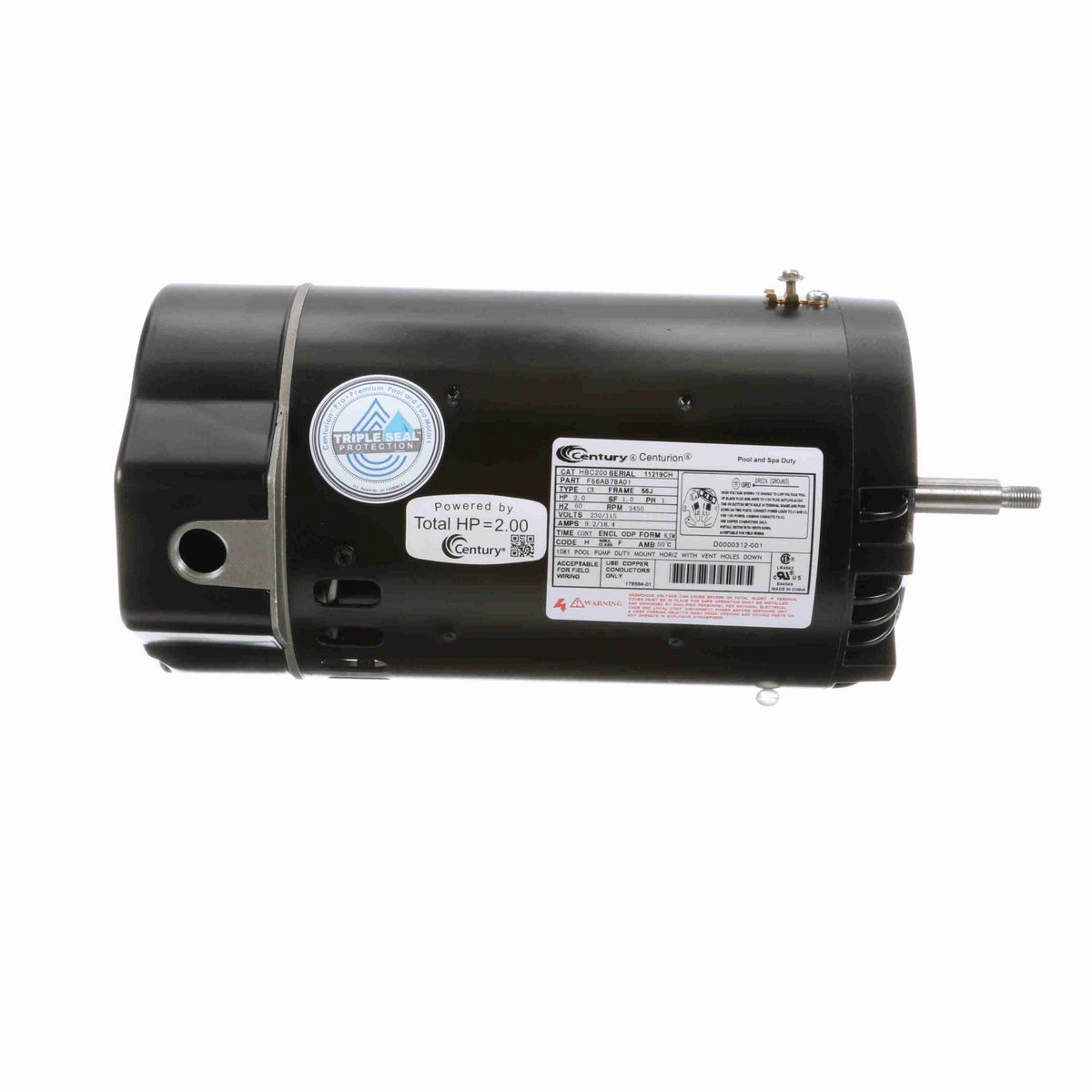 Century Pool Pump Motor, 2.0 HP, 1 Ph, 60 Hz, 230/115 V, 3600 RPM, P56J Frame, ODP - HBC200