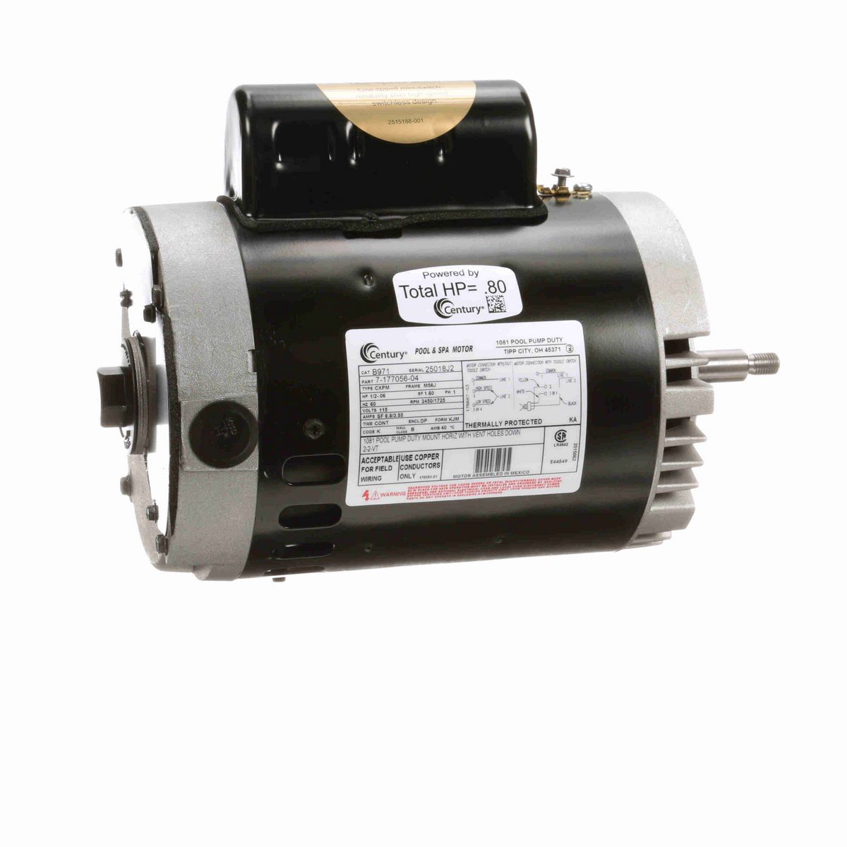Century Pool Pump Motor, 1/2-.06 HP, 1 Ph, 60 Hz, 115 V, 3600 RPM, M56J Frame, DP - B971