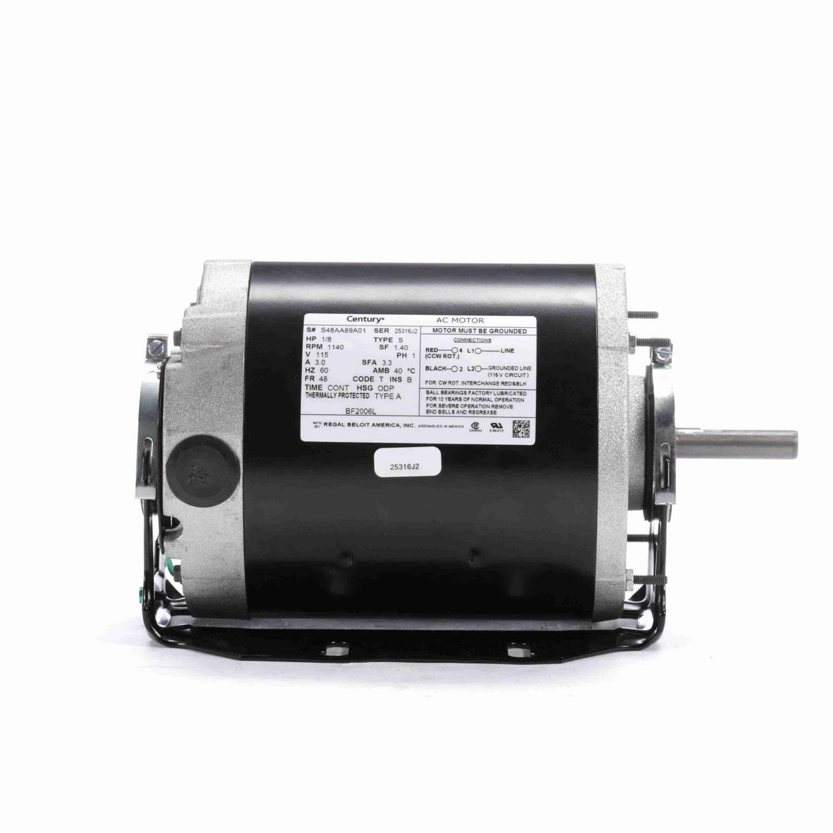 Century Fan and Blower Motor, 1/8 HP, 1 Ph, 60 Hz, 115 V, 1200 RPM, 48 Frame, ODP - BF2006L