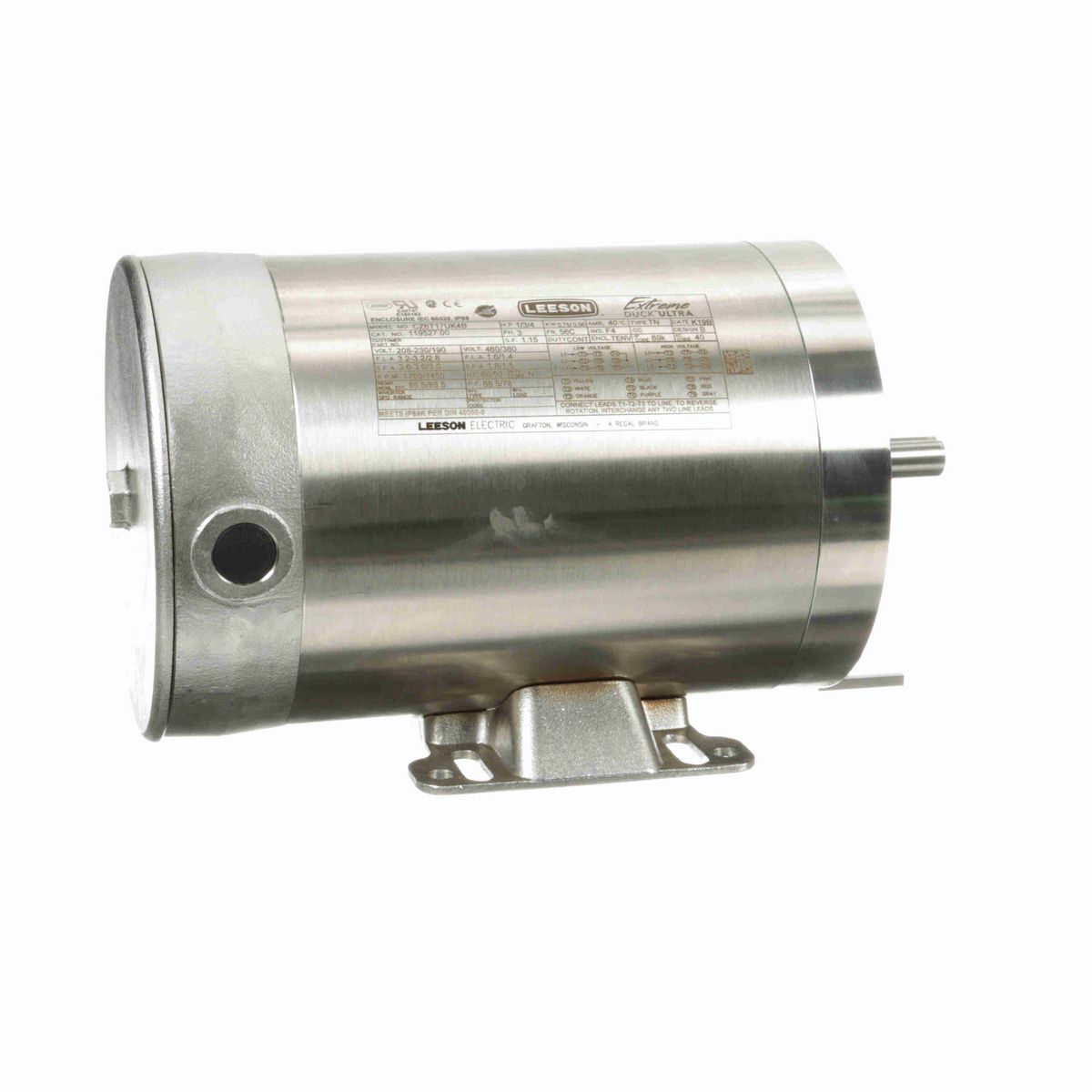 LEESON General Purpose Motor, 1 & 0.75 HP, 3 Ph, 60 & 50 Hz, 230/460 & 190/380 V, 1800 & 1500 RPM, 56C Frame, TENV - 119527.00