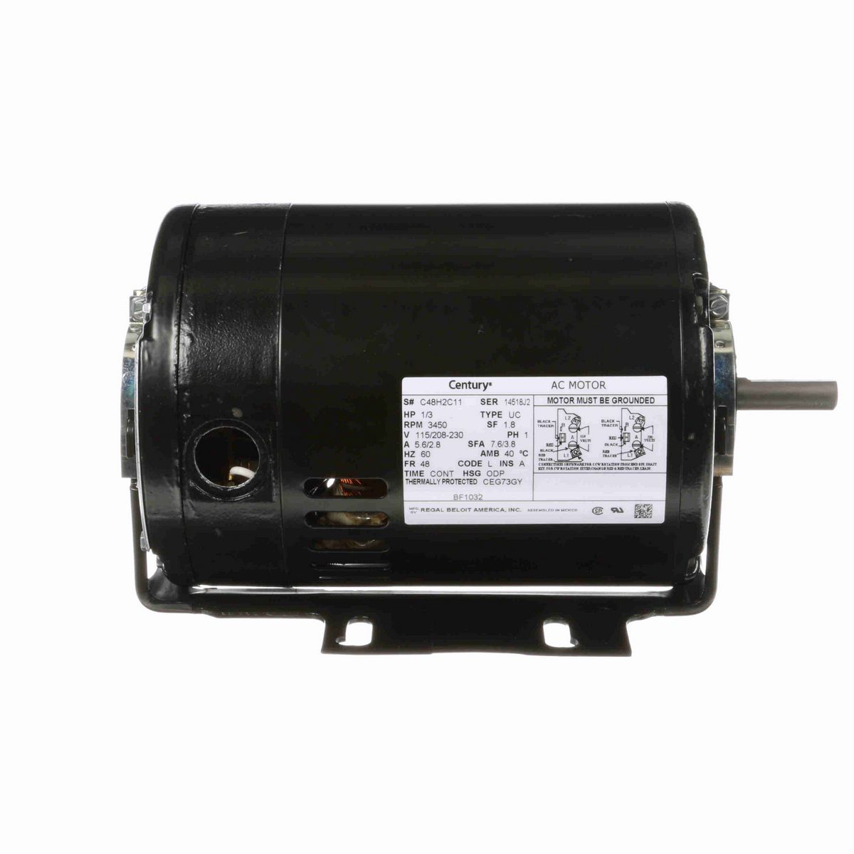 Century Fan and Blower Motor, 1/3 HP, 1 Ph, 60 Hz, 115/208-230 V, 3600 RPM, 48 Frame, ODP - BF1032