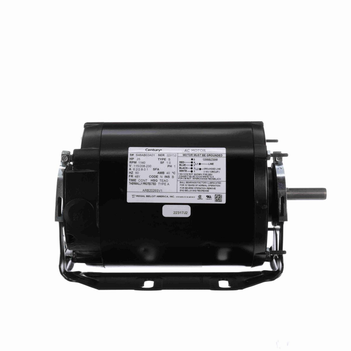 Century Fan and Blower Motor, .25 HP, 1 Ph, 60 Hz, 115/208-230 V, 1200 RPM, 48Y Frame, TEAO - ARB2026SV1