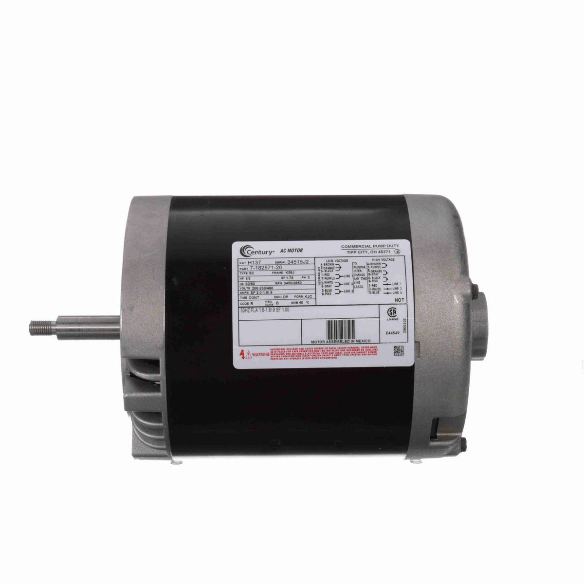 Century General Purpose Pump Motor, 1/3 HP, 3 Ph, 60/50 Hz, 200-230/460 V, 3600 RPM, K56J Frame, DP - H137