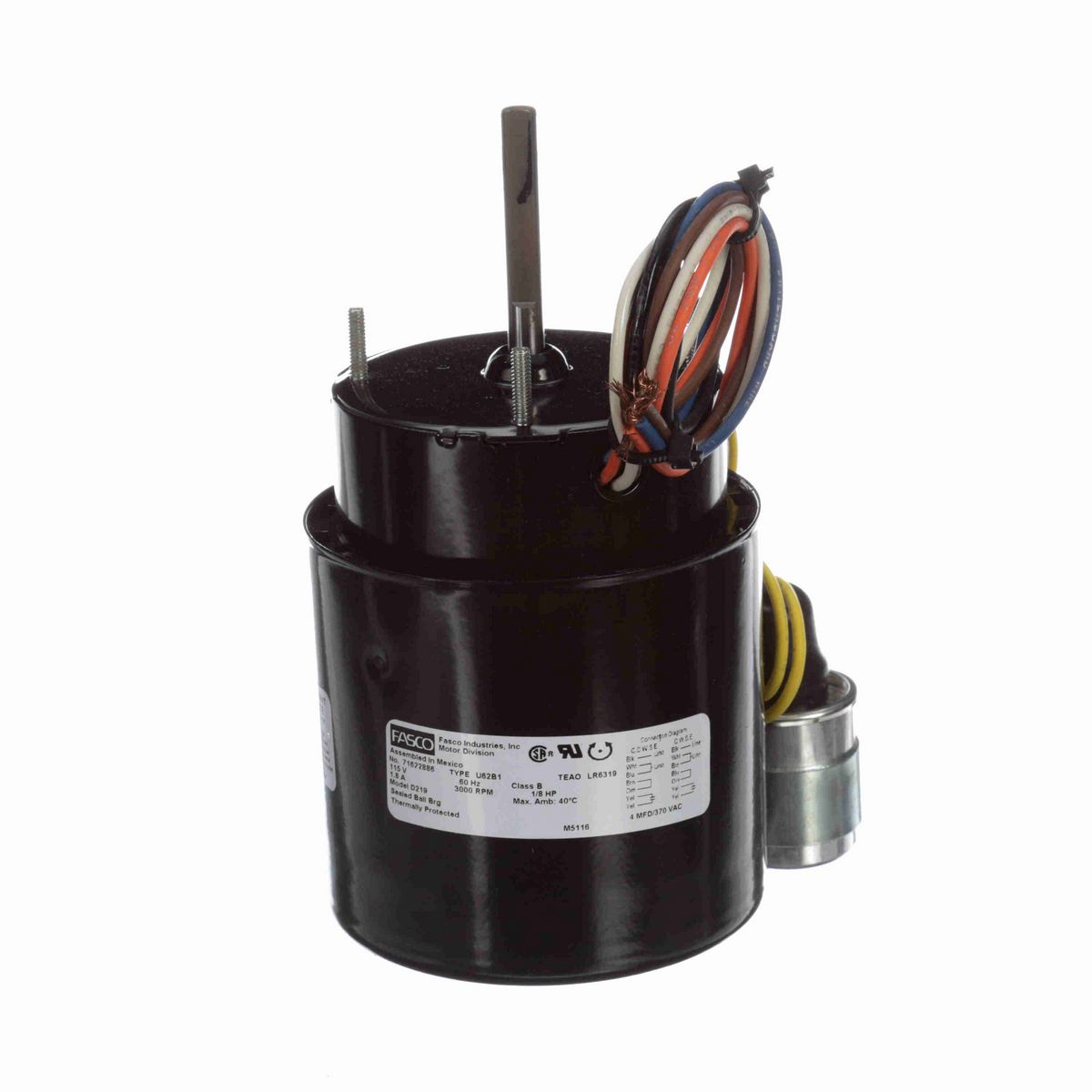 FASCO Fan and Blower Motor, 1/8 HP, 1 Ph, 60 Hz, 115 V, 3000 RPM, 1 Speed, 3.3" Diameter, TOTALLY ENCLOSED AIR - D219