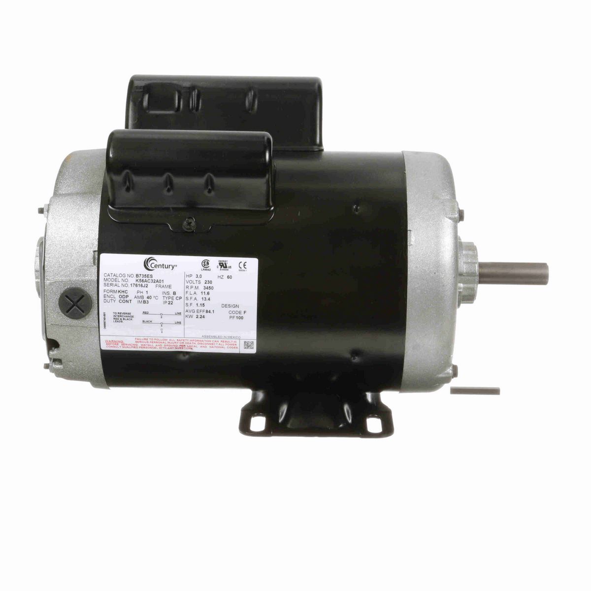 Century General Purpose Motor, 3.0 HP, 1 Ph, 60 Hz, 230 V, 3600 RPM, 56 Frame, ODP - B735ES