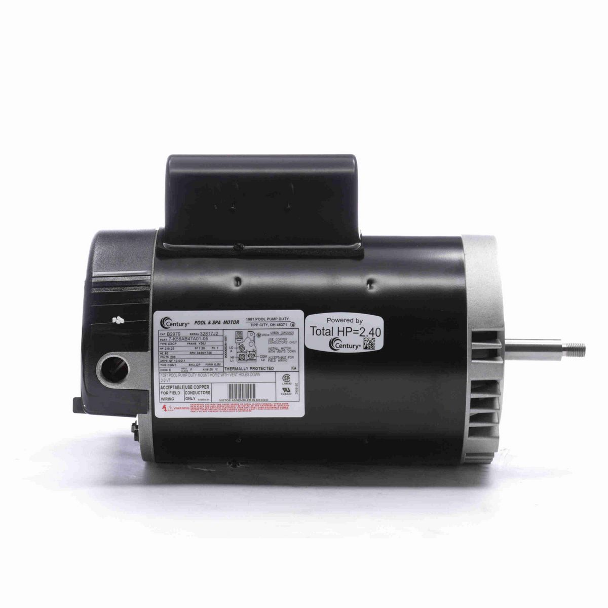 Century Pool Pump Motor, 2.0/.25 HP, 1 Ph, 60 Hz, 230 V, 3600 RPM, Y56J Frame, DP - B2979