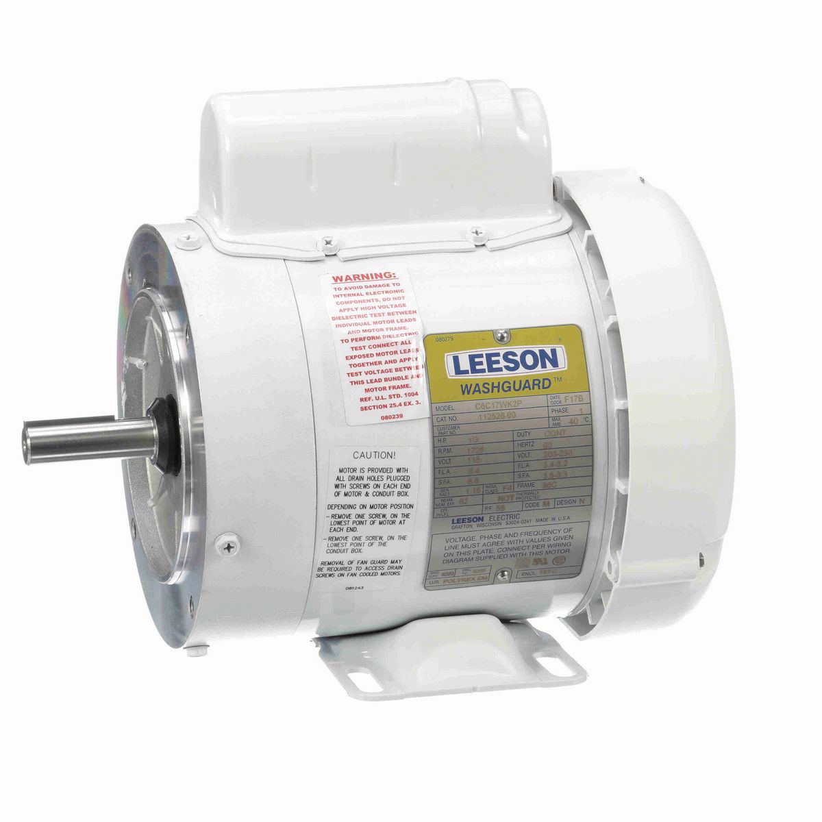 LEESON White Duck™ General Purpose Motor, 0.33 HP, 1 Ph, 60 Hz, 115/230 V, 1800 RPM, 56C Frame, TEFC - 112526.00