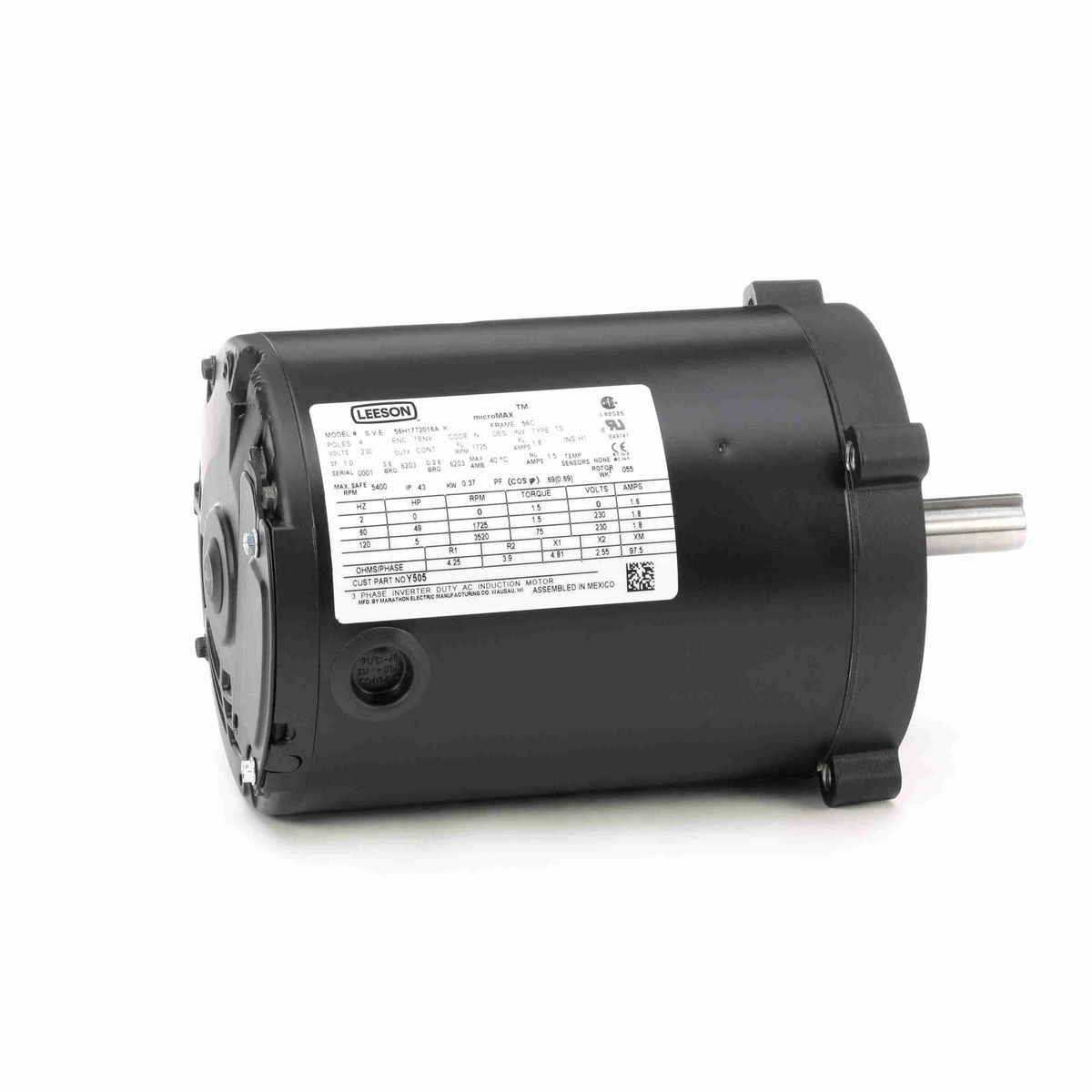 LEESON Speed Ratio Motor, 0.50 HP, 3 Ph, 60 Hz, 230 V, 1800 RPM, 56C Frame, TENV - Y505