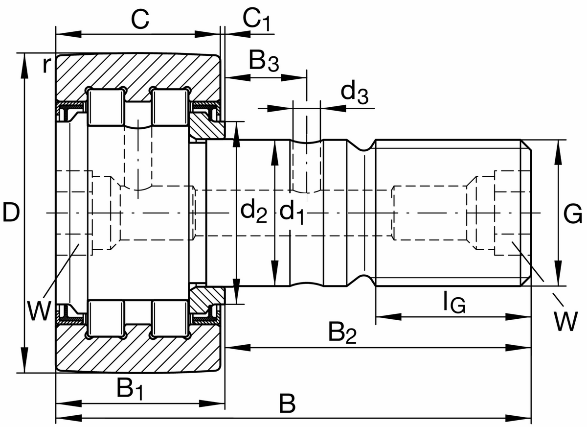 Опорный ролик с цилиндрическими роликами в качестве тел качения с цапфой INA PWKR90-2RS-RR-XL (PWKR90-2RS-RR)