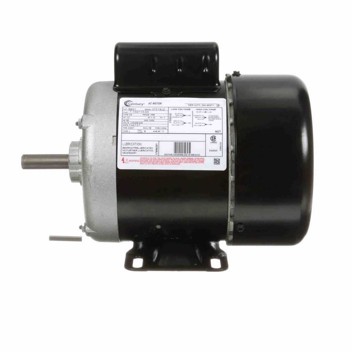 Century General Purpose Farm Duty Motor, 1/2 HP, 1 Ph, 60 Hz, 115/208-230 V, 3600 RPM, H56 Frame, TEFC - B621