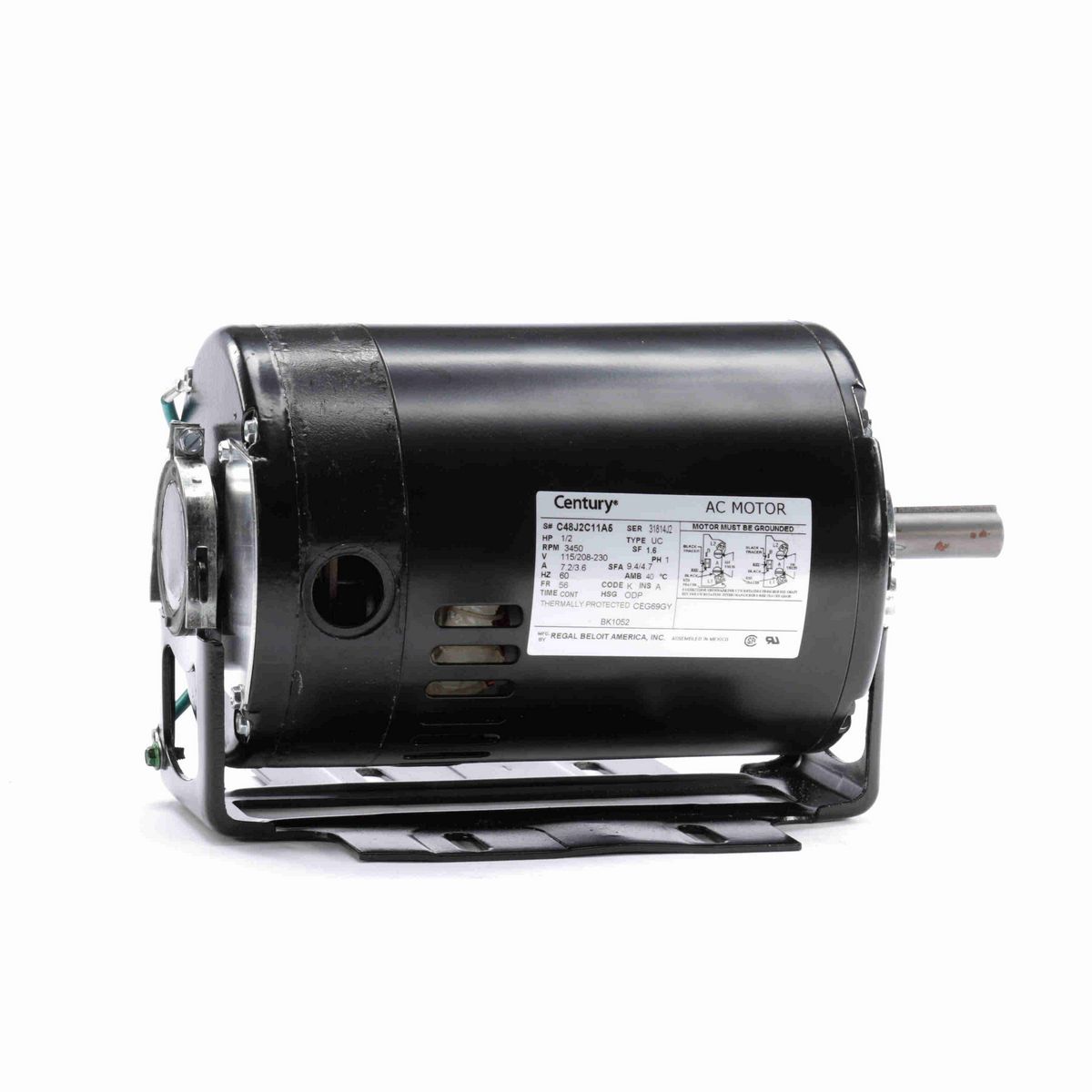 Century Fan and Blower Motor, 1/2 HP, 1 Ph, 60 Hz, 115/208-230 V, 3600 RPM, 56 Frame, ODP - BK1052