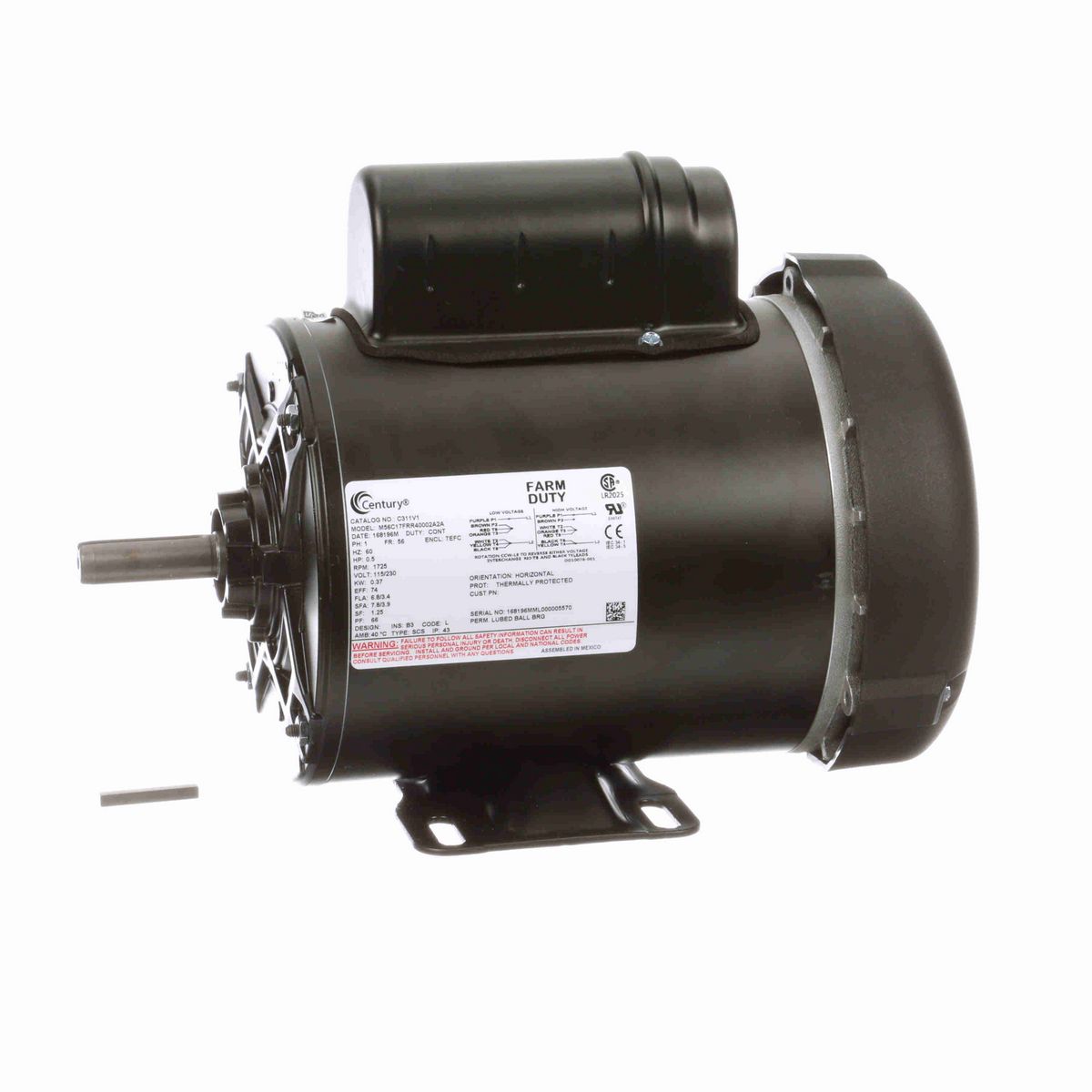 Century General Purpose Farm Duty Motor, 0.5 HP, 1 Ph, 60 Hz, 115/230 V, 1800 RPM, 56 Frame, TEFC - C311V1