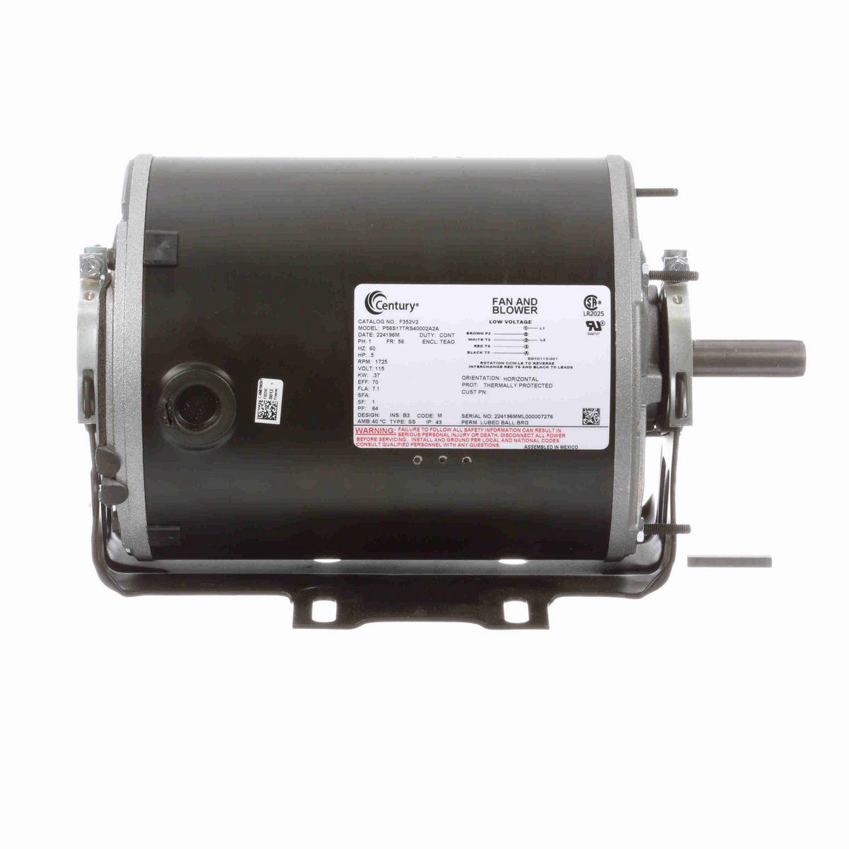 Century Fan and Blower Motor, .5 HP, 1 Ph, 60 Hz, 115 V, 1800 RPM, 56 Frame, TEAO - F352V2