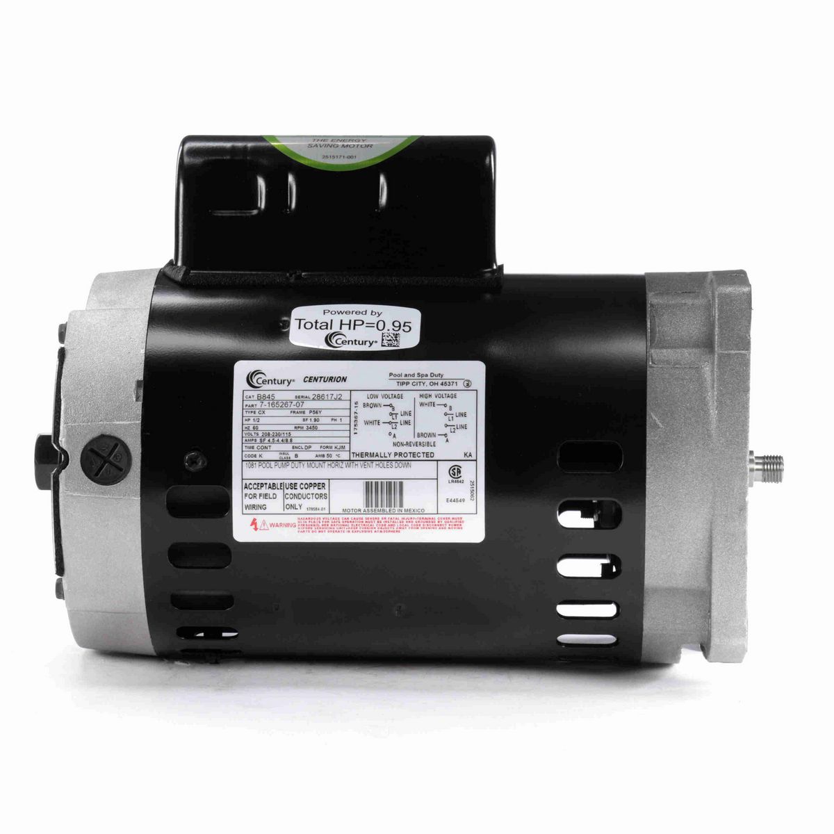 Century Pool Pump Motor, 1/2 HP, 1 Ph, 60 Hz, 208-230/115 V, 3600 RPM, P56Y Frame, DP - B845