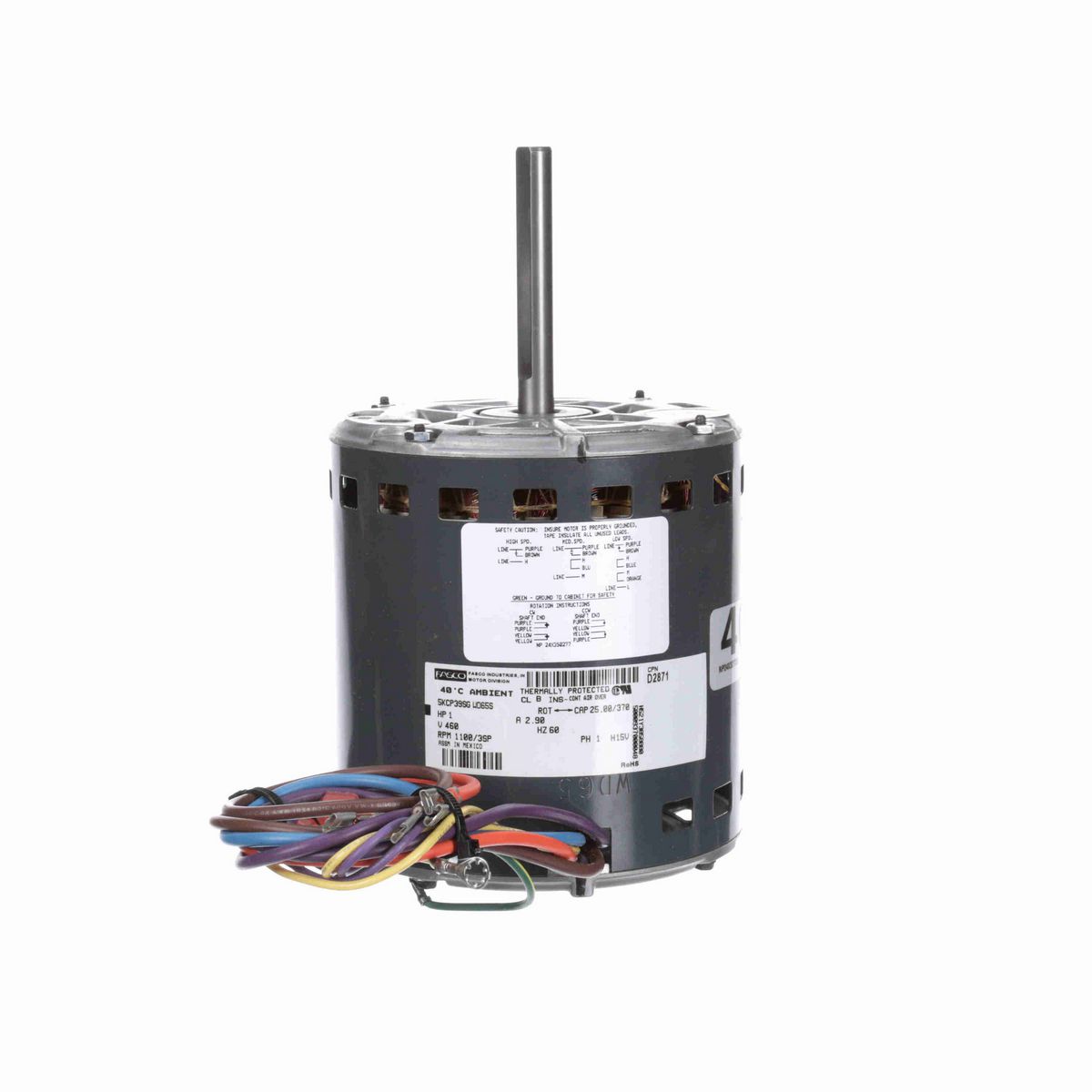 FASCO OEM Replacement Motor, 1 HP, 1 Ph, 60 Hz, 460 V, 1100 RPM, 3 Speed, 48 Frame, OAO - D2871