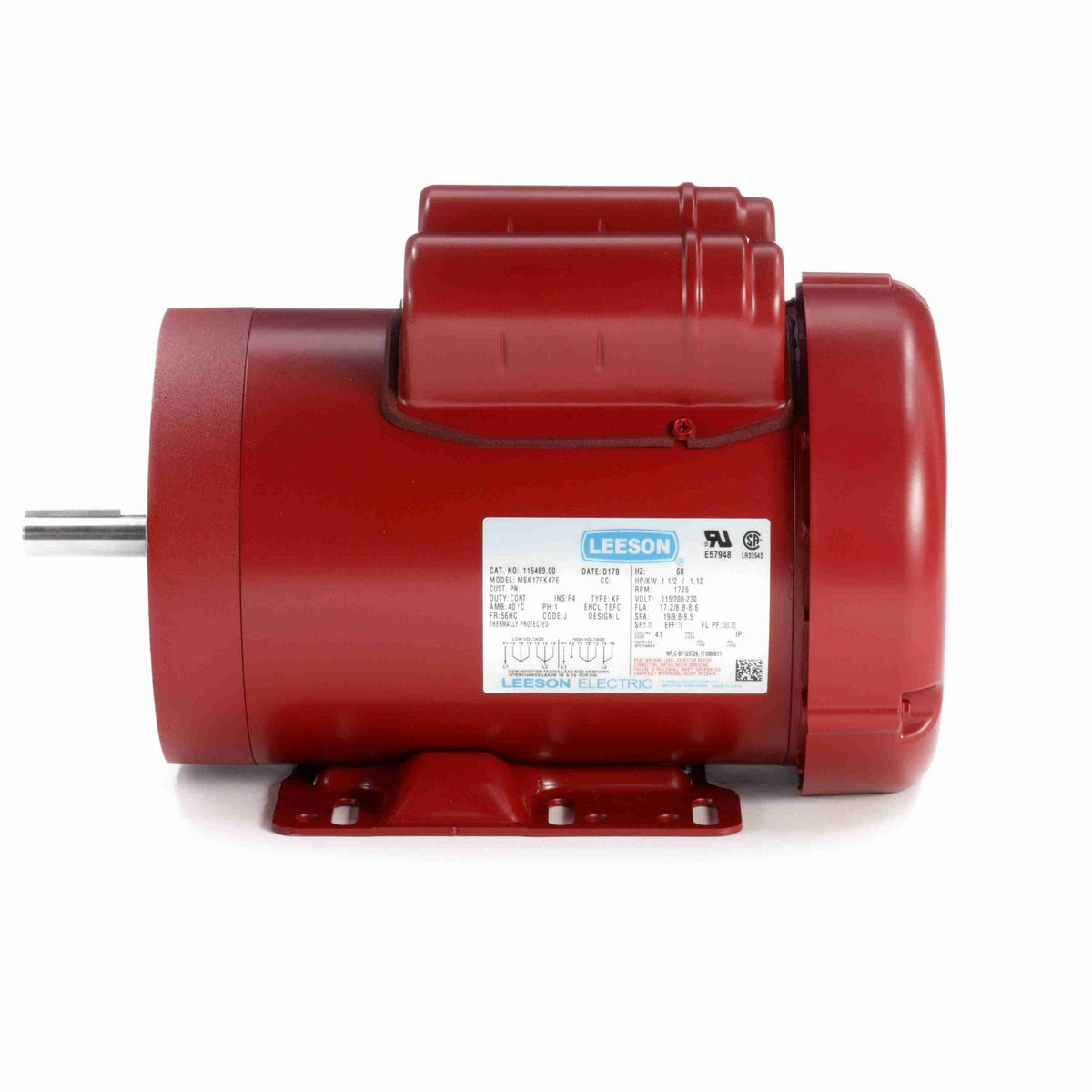 LEESON Agricultural Motor, 1.50 HP, 1 Ph, 60 Hz, 115/230 V, 1800 RPM, 56HC Frame, TEFC - 116489.00