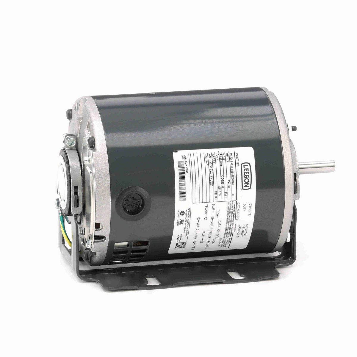 LEESON Fan and Blower Motor, 0.33 HP, 1 Ph, 60 Hz, 115 V, 1800 RPM, 48 Frame, DP - D143