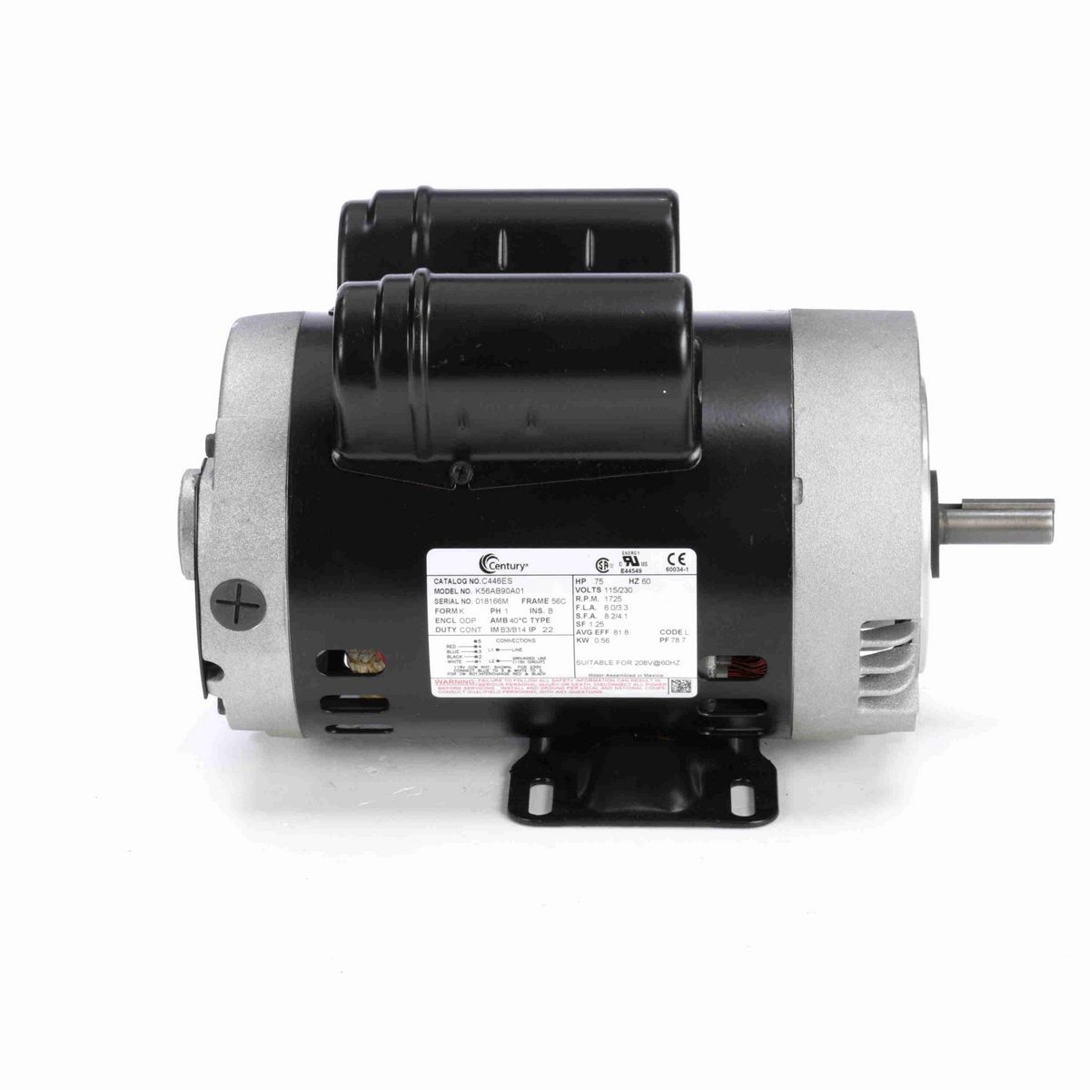 Century General Purpose Motor, .75 HP, 1 Ph, 60 Hz, 115/230 V, 1800 RPM, 56C Frame, ODP - C446ES