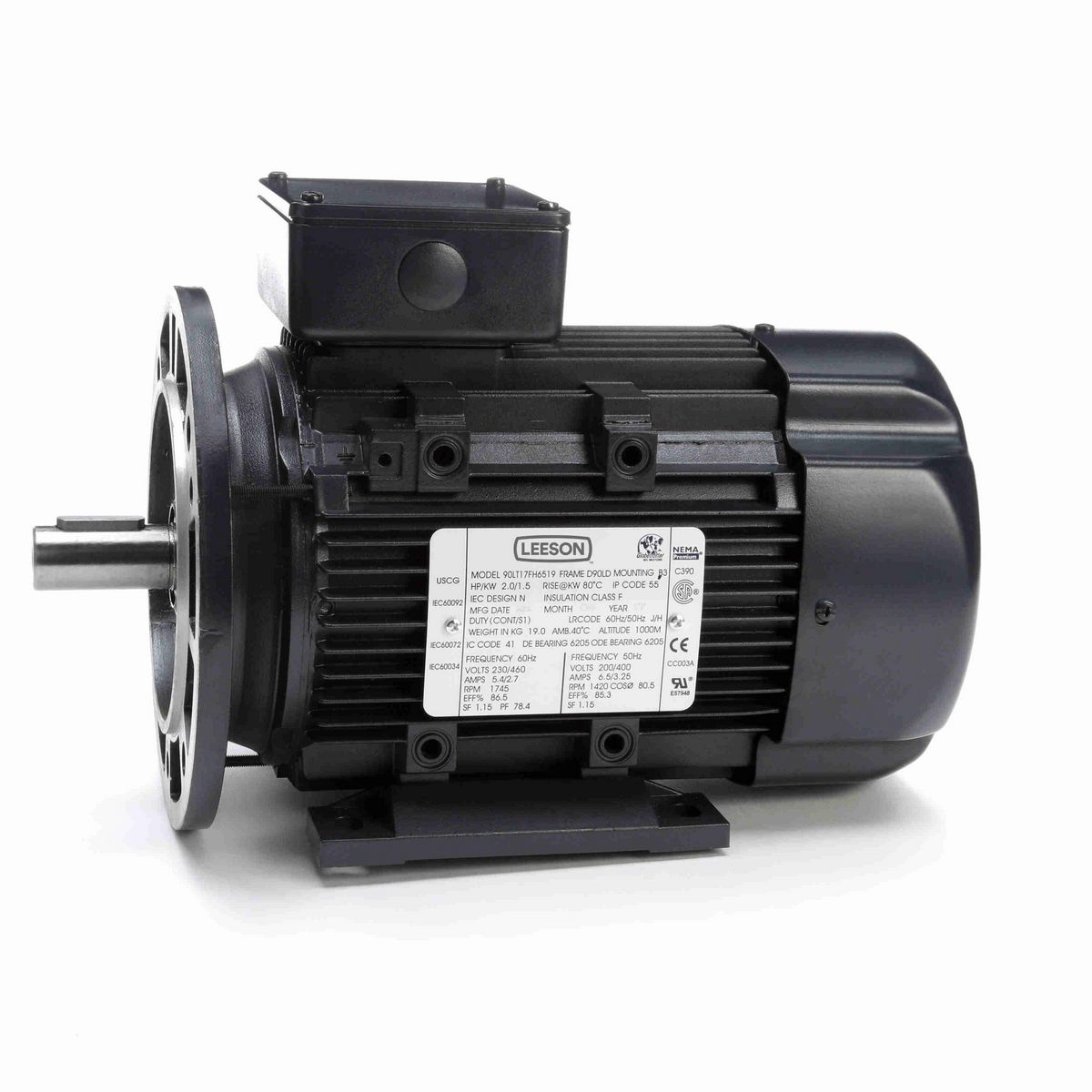 LEESON Aluminium Motor, 2 & 2 HP, 3 Ph, 60 & 50 Hz, 230/460 & 200/400 V, 1800 & 1500 RPM, 90L Frame, TEFC - R398A