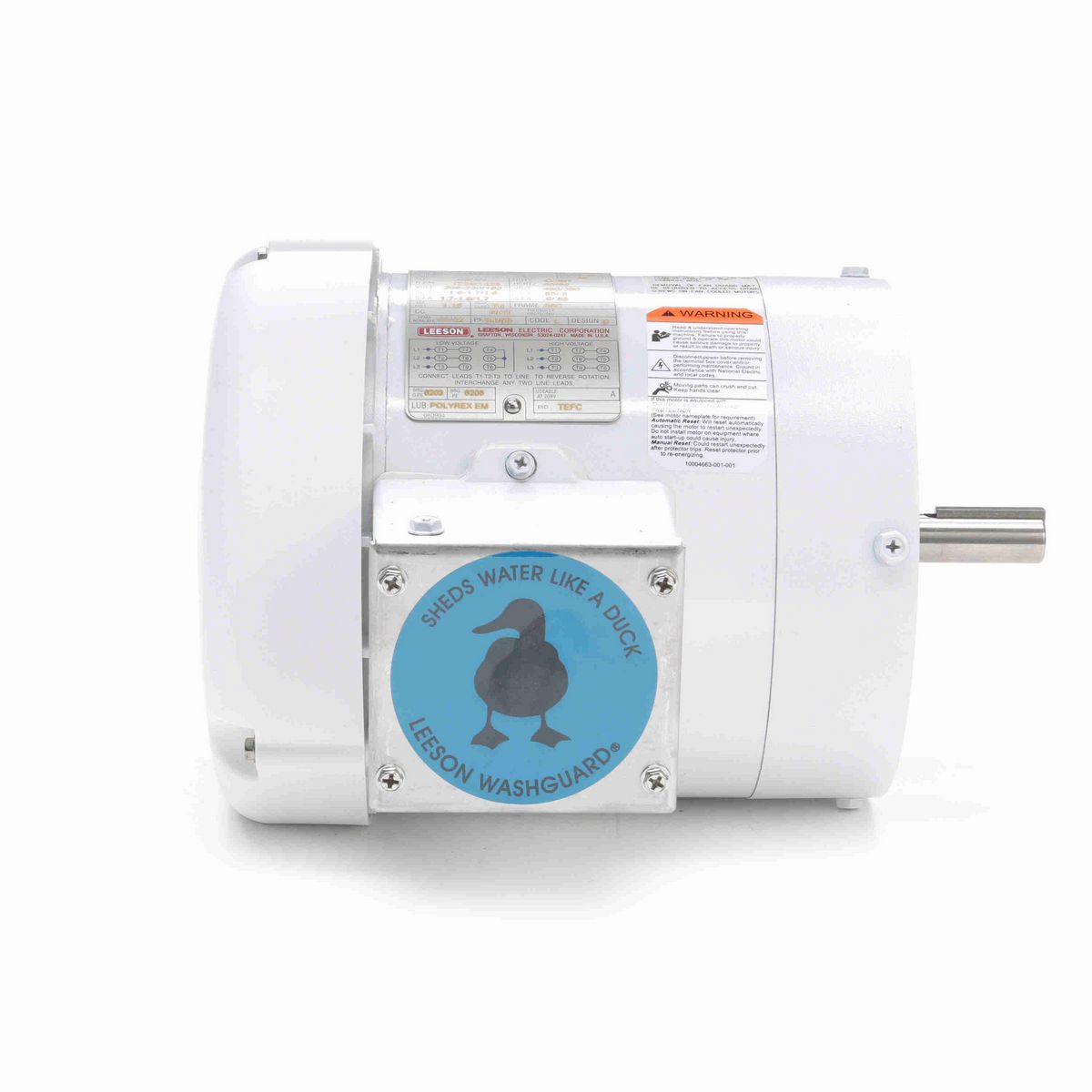 LEESON White Duck™ General Purpose Motor, 0.33 & 0.25 HP, 3 Ph, 60 & 50 Hz, 230/460 & 190/380 V, 1800 & 1500 RPM, 56C Frame, TEFC - 116642.00