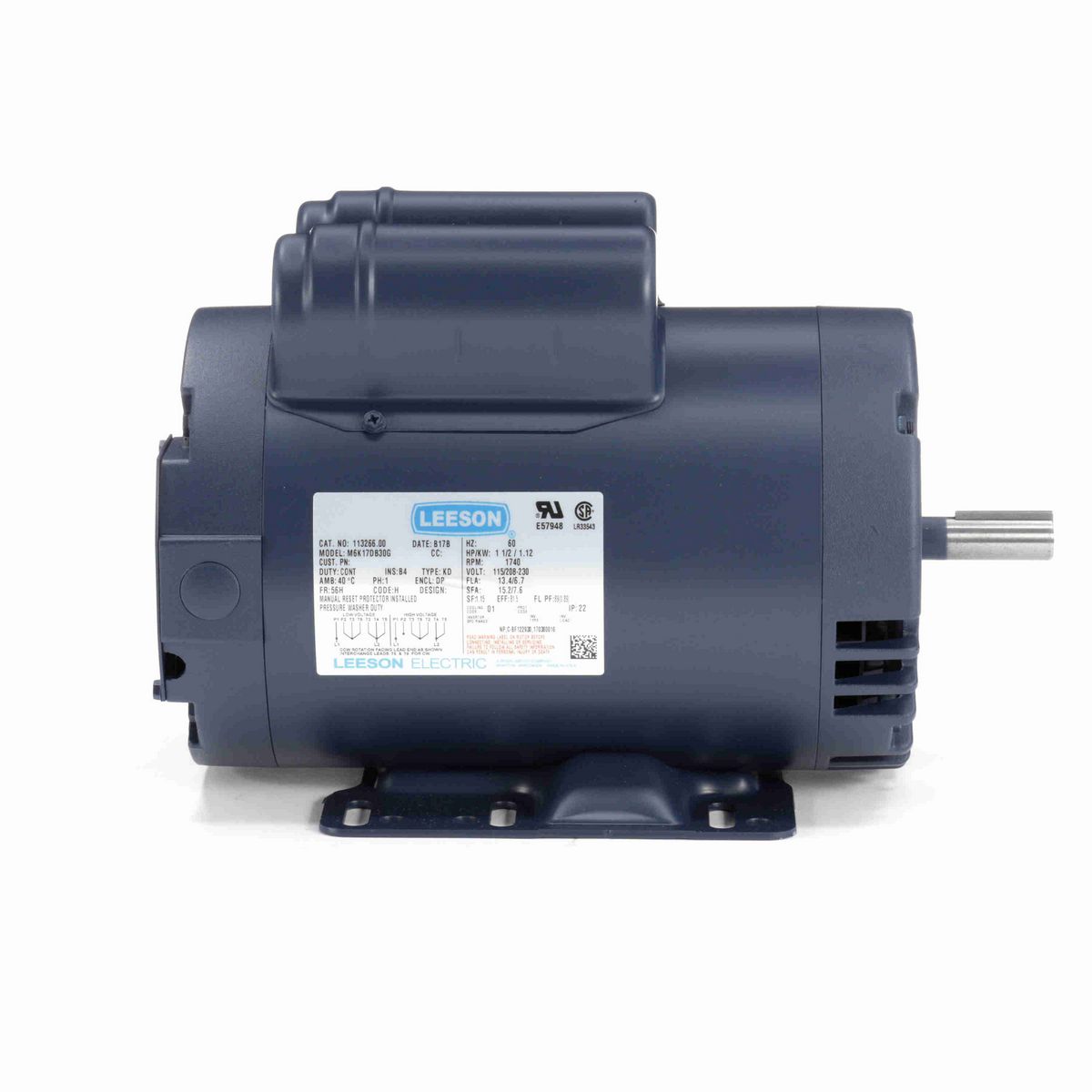 LEESON Pressure Washer Motor, 1.50 HP, 1 Ph, 60 Hz, 115/230 V, 1800 RPM, 56H Frame, DP - 113266.00