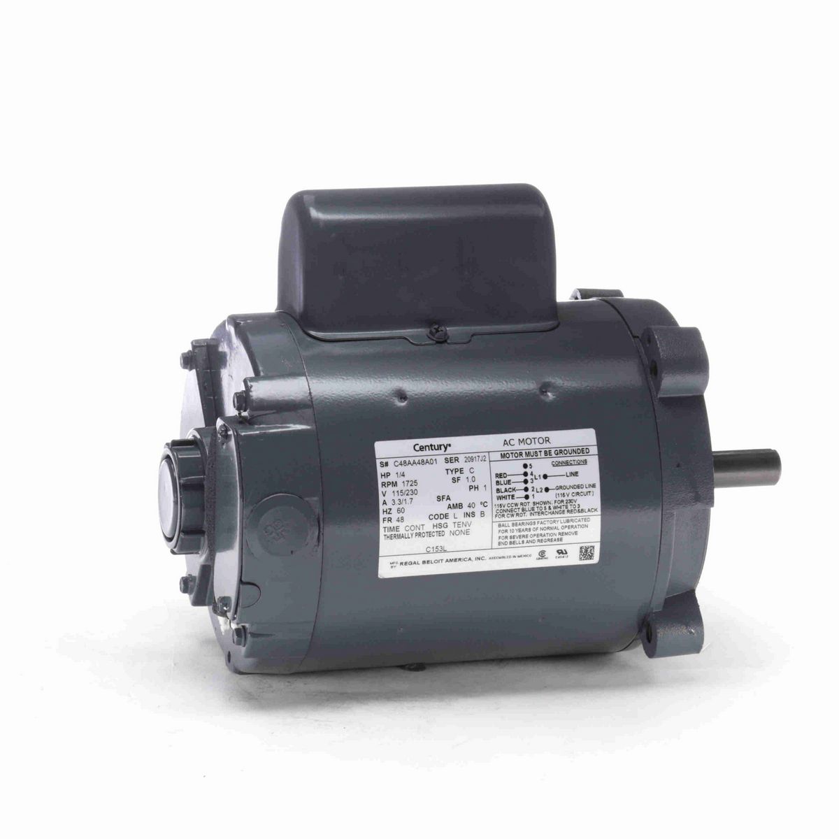 Century General Purpose Motor, 1/4 HP, 1 Ph, 60 Hz, 115/230 V, 1800 RPM, 56C Frame, TENV - C153L