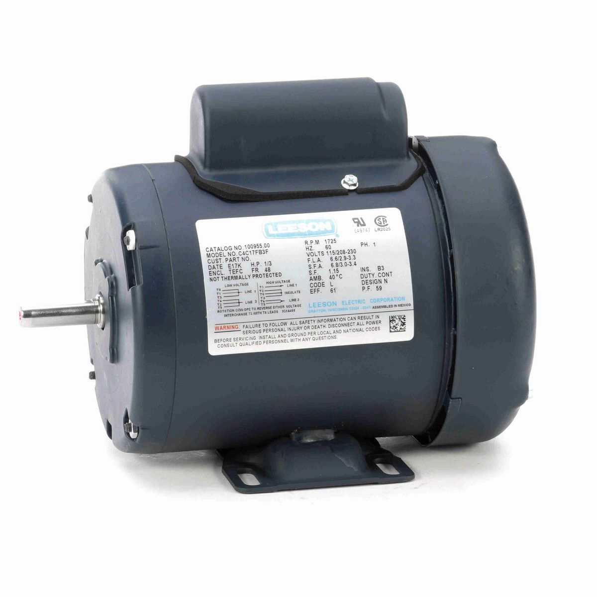 LEESON General Purpose Motor, 0.33 HP, 1 Ph, 60 Hz, 115/230 V, 1800 RPM, 48 Frame, TEFC - 100955.00